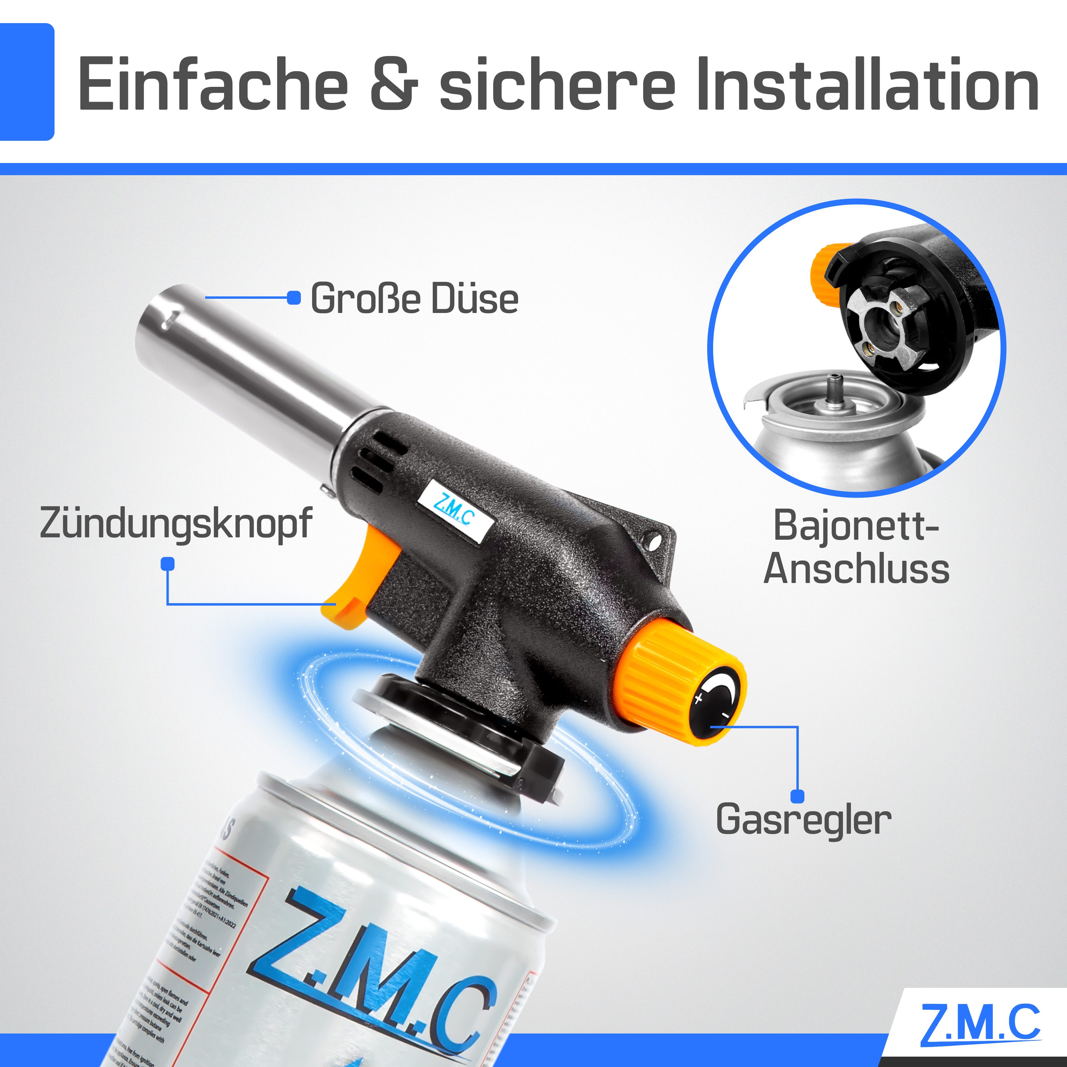 ZMC Flambierbrenner Gasbrenner Gasanzünder Lötbrenner mit Piezozündung + Gaskartuschen, (Temperatur von bis zu 1300 ° C, Einstellbare Flamme, Piezo-Zündung, Koh – Bild 4 von 5