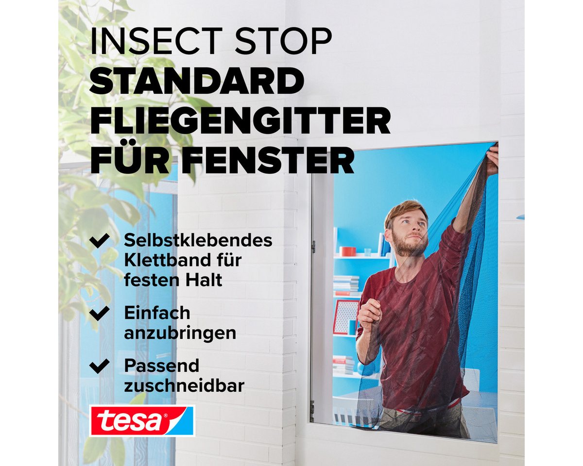 Thumbnail - tesa Insektenschutz-Fensterrahmen Insect Stop Standard Fliegengitter für Fenster - 1.1 m :1.3 m, (Packung, 1-St., Fliege...
