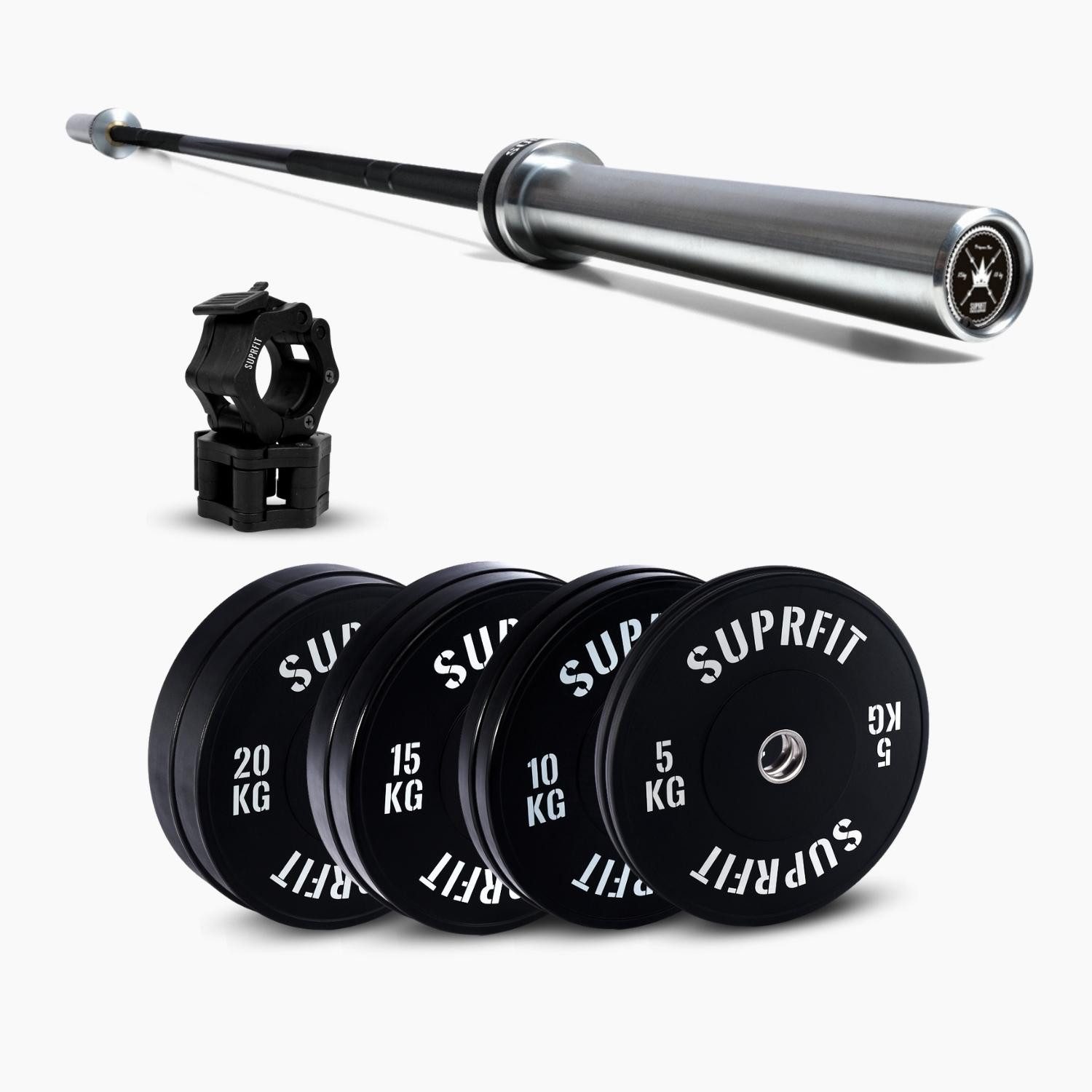 SF SUPRFIT Langhantelständer Econ Bumper White Logo Plates - Intermediate Set, Perfekt ausgestattet mit den Suprfit Weightlifting Sets