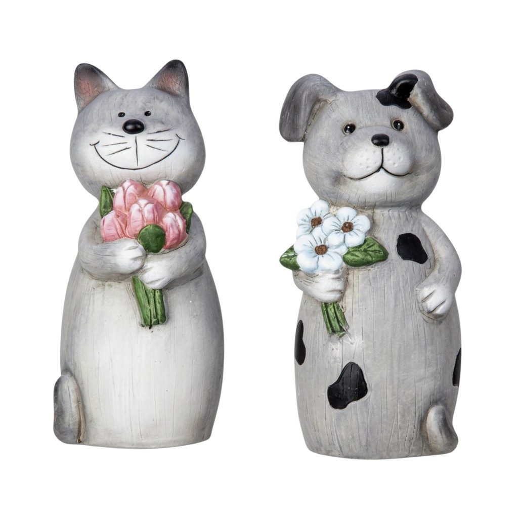 Macosa Home Dekofigur Pfostenhocker 2er Set Keramik Grau Zauntiere (Gartendekoration modern, 2 St., Zaunfiguren für Pfosten und Geländer), Hund Katze 23 cm Garten Deko
