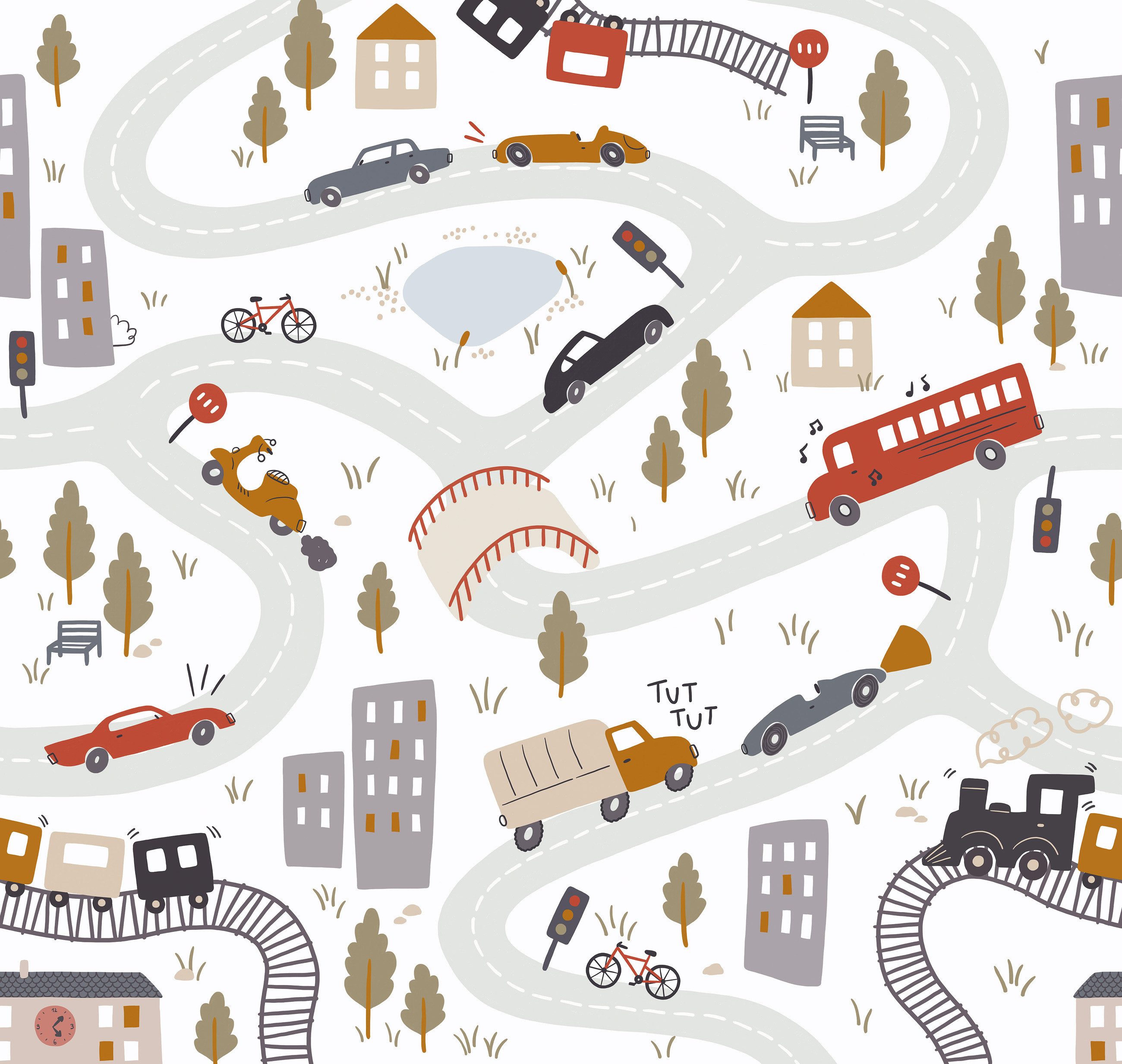 Rasch Fototapete Autos in Rot, Roomblush - RB383 - 2,85m x 3,00m, glatt, Comic, grafisch, gemustert, mehrfarbig, urban, kindlich, (1 St), Kinderzimmertapete