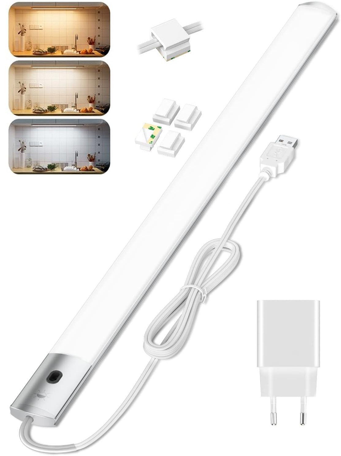 Futicare LED Unterbauleuchte mit stromstecker,Ultraflach 0,8 cm, 40 cm dimmbare Lichtleiste, mit Hand-Sensor & 3 Farbmodi (2800K/4000K/6500K), Netzbetrieb, für dauerhafte Helligkeit ohne Aufladen, ideal für Küche & Schrank