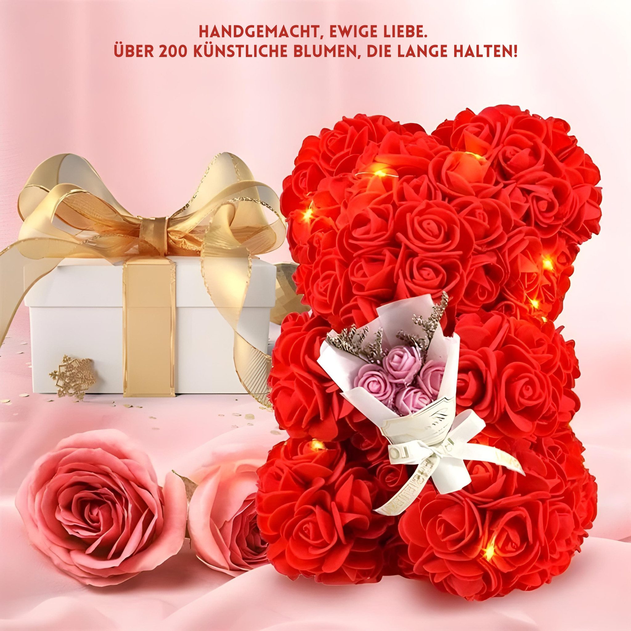 Kunstblume Rosenbär inkl. Geschenkbox & Lichterkette günstig online kaufen