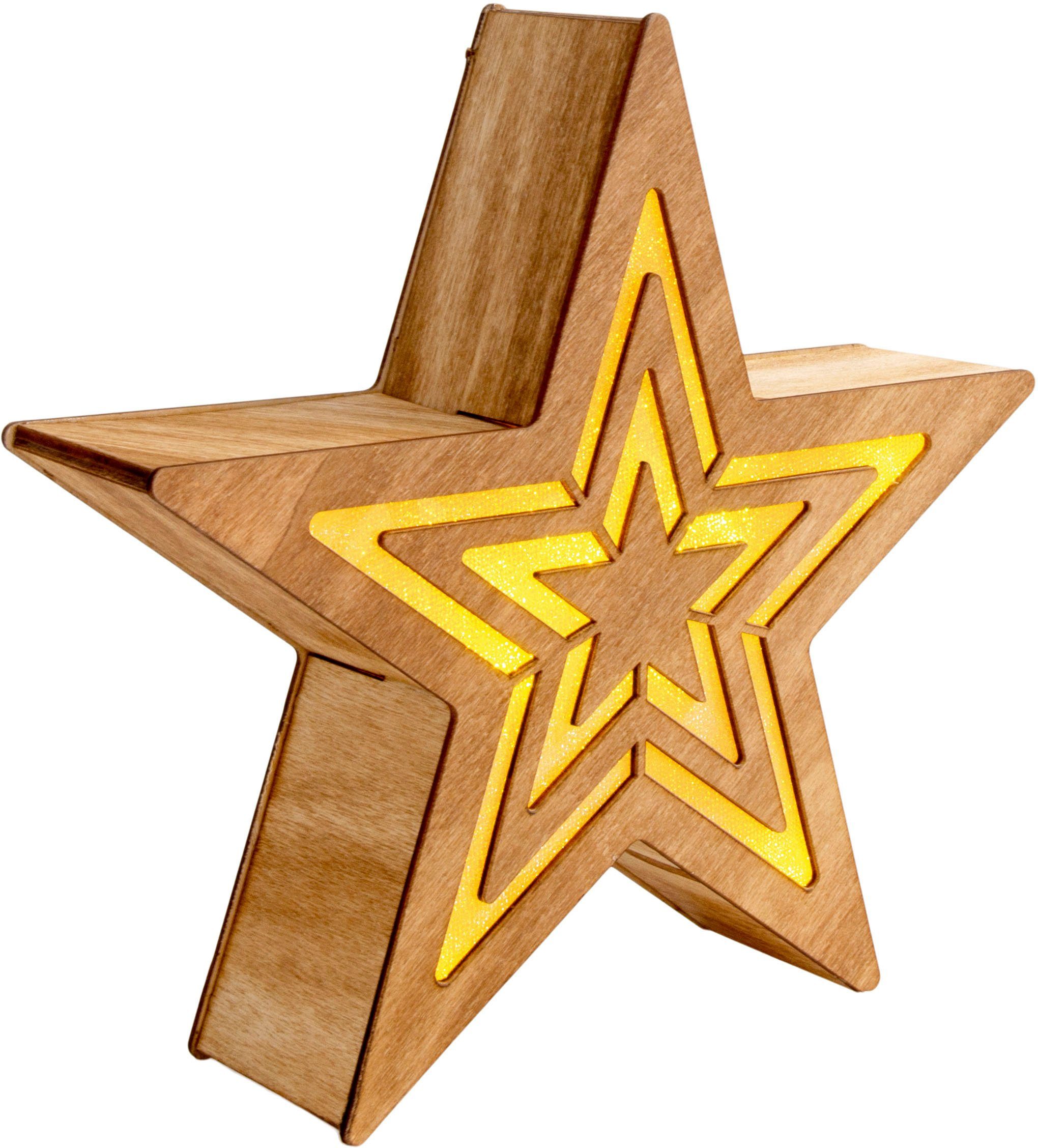 näve LED Stern Weihnachtsdeko aus Holz, Timerfunktion, LED fest integriert, Warmweiß, LED Dekoobjekt aus Holz, inkl. Timer, Höhe ca. 23 cm, Batteriebetrieb – Bild 4 von 5