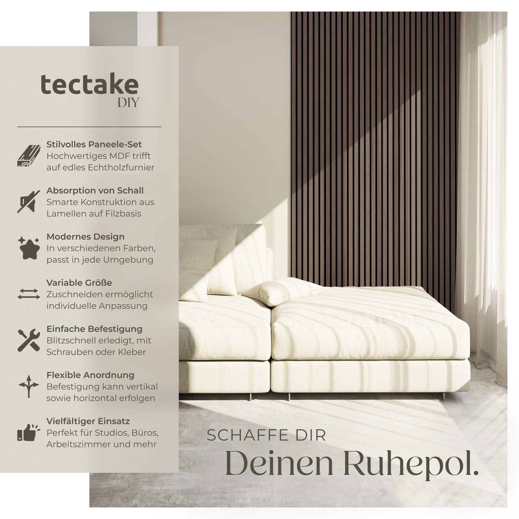 tectake Wandpaneel Akustikpaneele aus MDF und Echtholzfurnier - Eiche grau, BxL: 60x120 cm, (Holzpaneele Sonic Wall, 2-tlg., Größe flexibel anpassbar) schallabsorbierender Filz, einfache Montage mit Kleber oder Schrauben