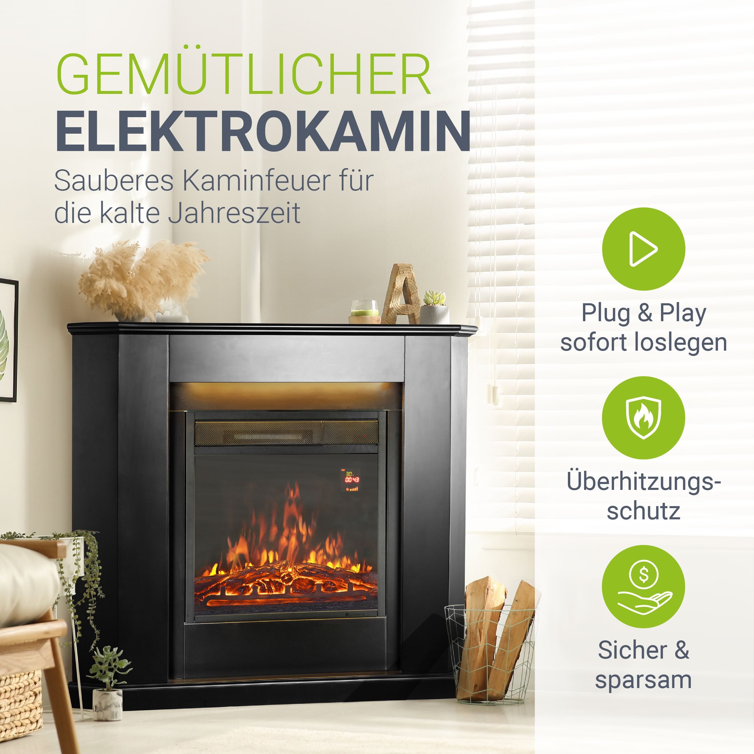 Juskys Elektrokamin, 2000 W Heizung, Flammeneffekt, Fernbedienung, LED-Lich günstig online kaufen