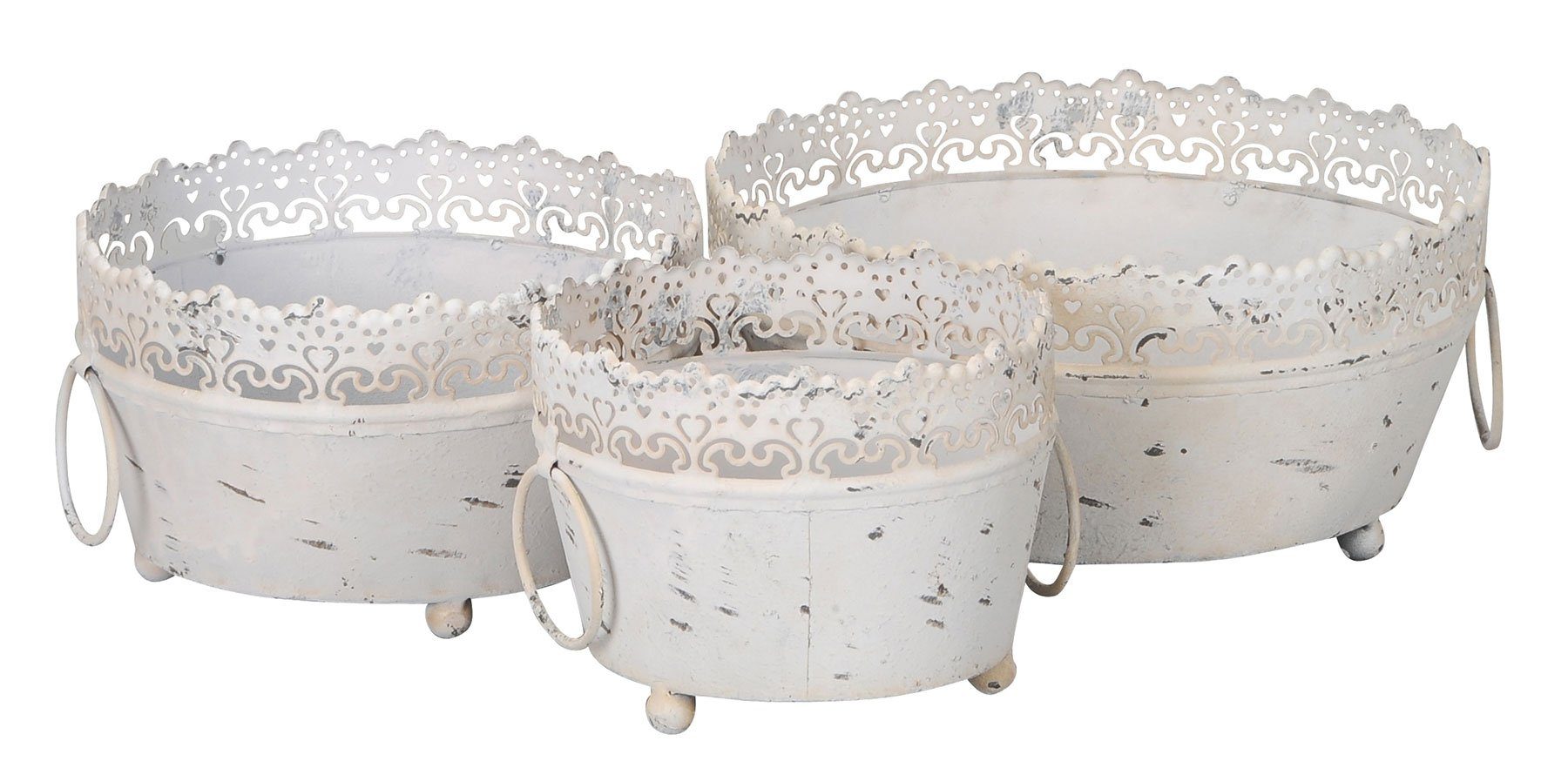 Levandeo® Pflanzkübel, 3er Set Pflanzkübel Eisen Weiß Grau Shabby Chic Vintage Kübel Deko