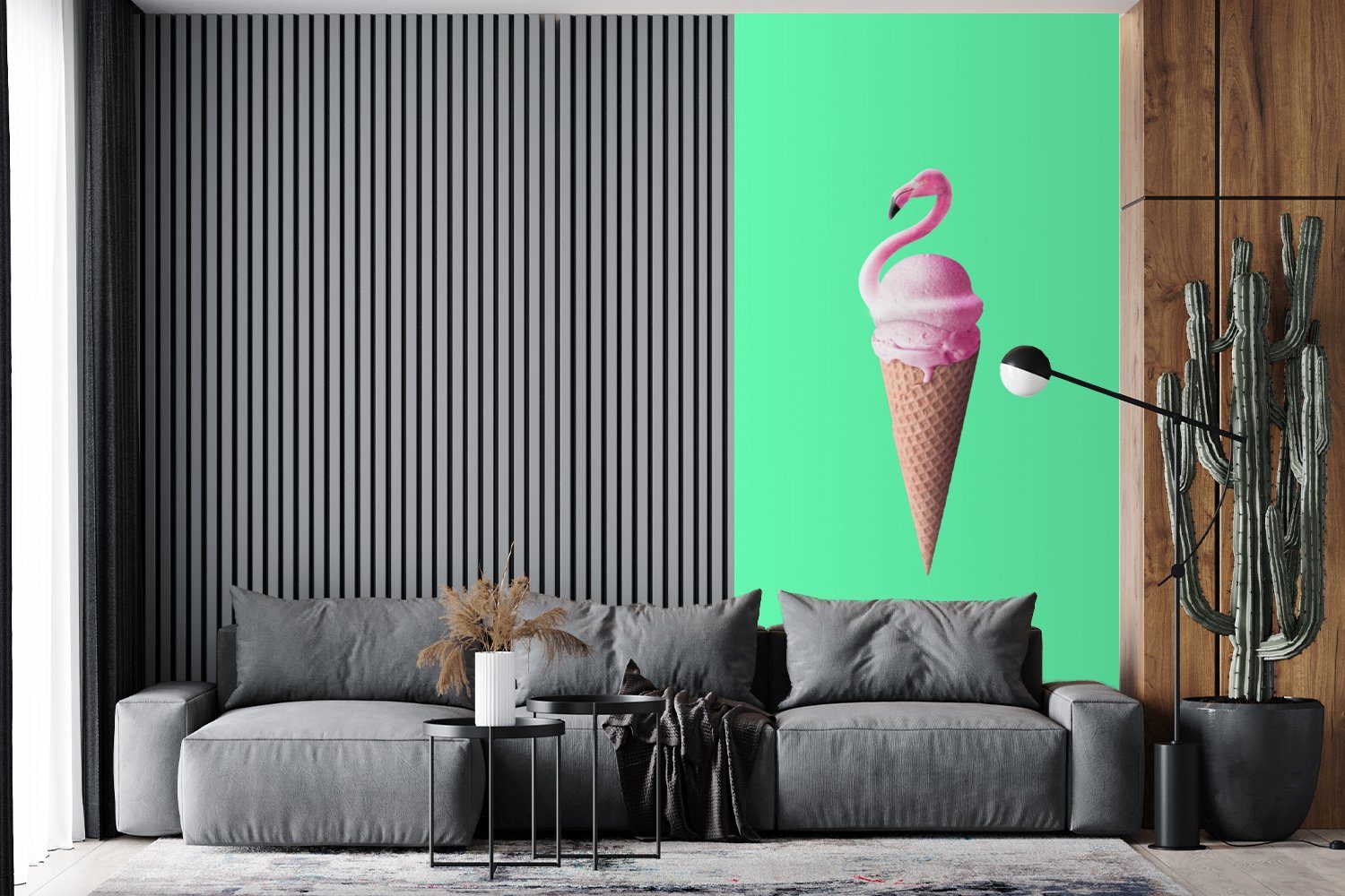 Eistüten Fototapete Rosa für Flamingo Wohnzimmer - Küche, Matt, St), - Fototapete MuchoWow (2 - bedruckt, Eiscreme Vliestapete Grün, Schlafzimmer -