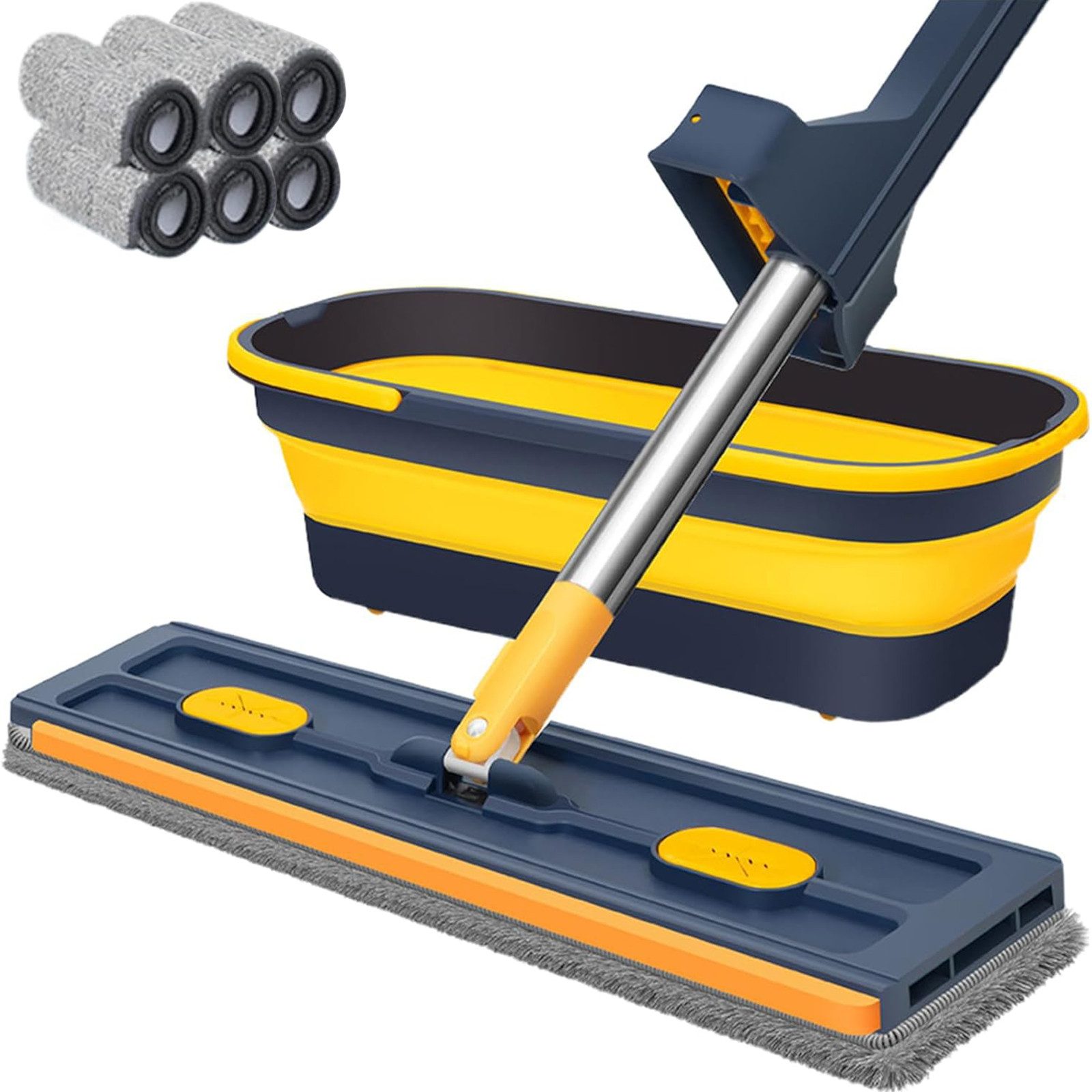 Wischmopp-Set 42 cm Flachwischmopp Set mit Eimer, drehbar, selbstauswringend, blau