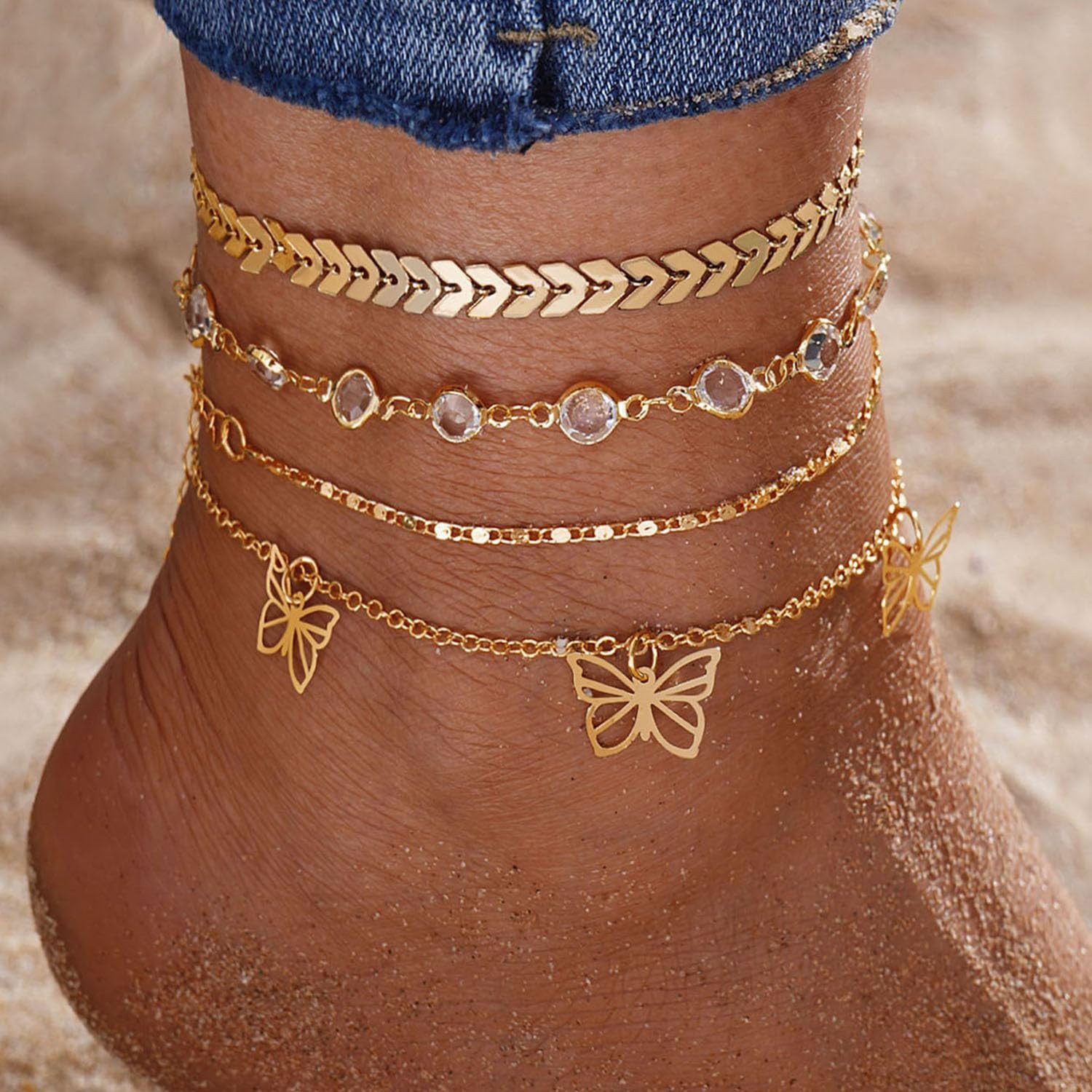 MOPUEA Fußkette Damen-Knöchelarmband, verstellbar, Farbe Gold (Boho Multi Geschichtet Schmetterling Fußkettchen Armband, 4-tlg., für Frauen und Mädchen Sommer Strand Abschlussfeiern), Vielseitig kombinierbar, vielseitiger Fußschmuck für Sommerausflüge