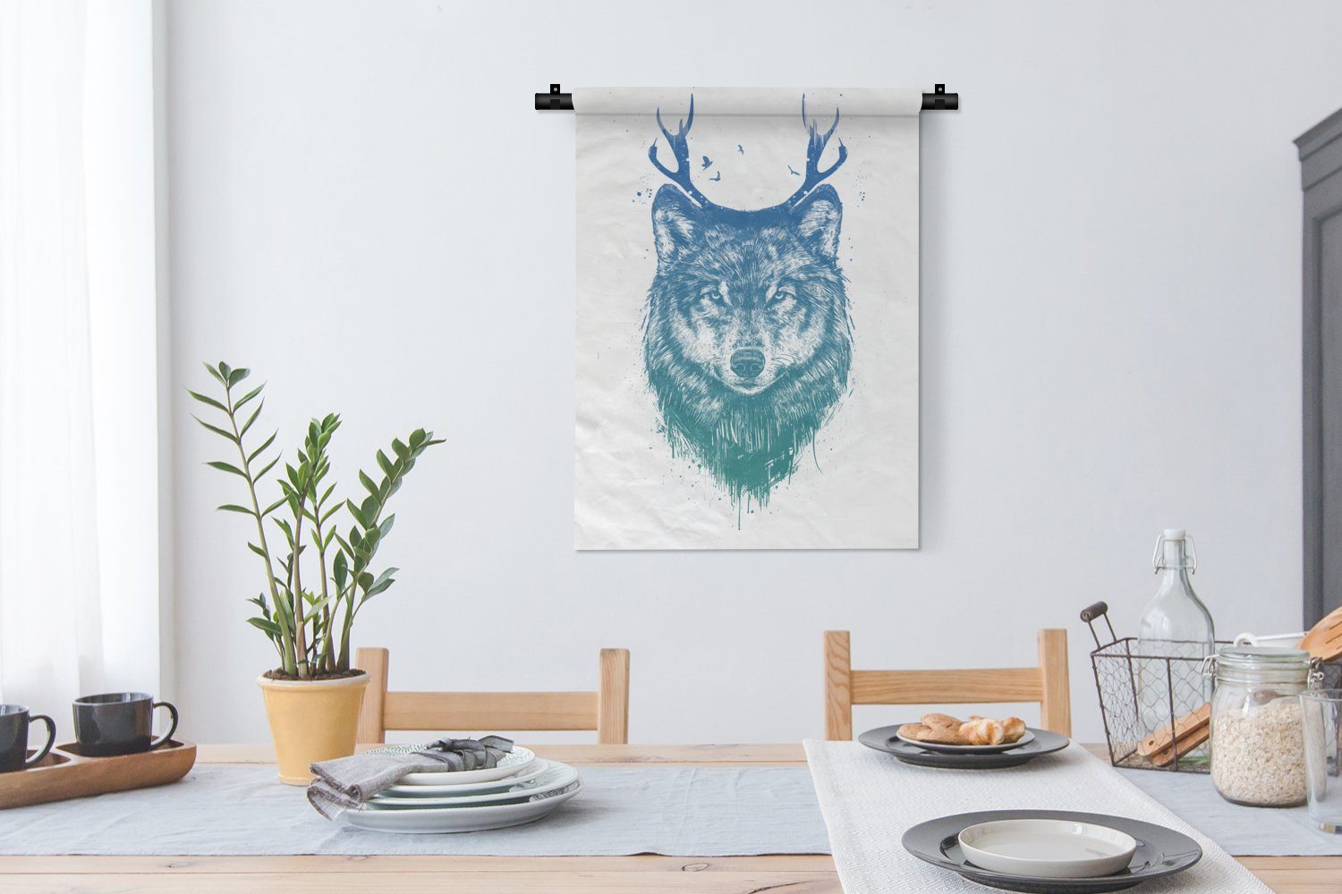 MuchoWow Wanddekoobjekt Wolf - Deko - Tapisserie, für Schlafzimmer an Wohnzimmer, Weiß der Wand, Geweih - Tiere