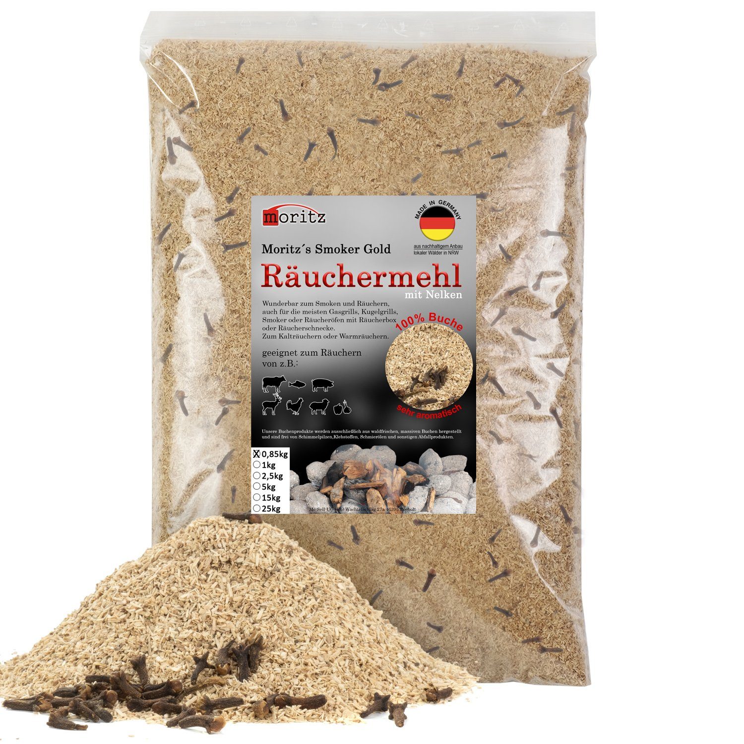 Moritz Räucherbox 0,85kg Räuchermehl Buche mit Nelke fein 0,5 -1 mm zum smoken, räuchern/kalträuchern von Fleisch, Fisch, Gemüse geeignet