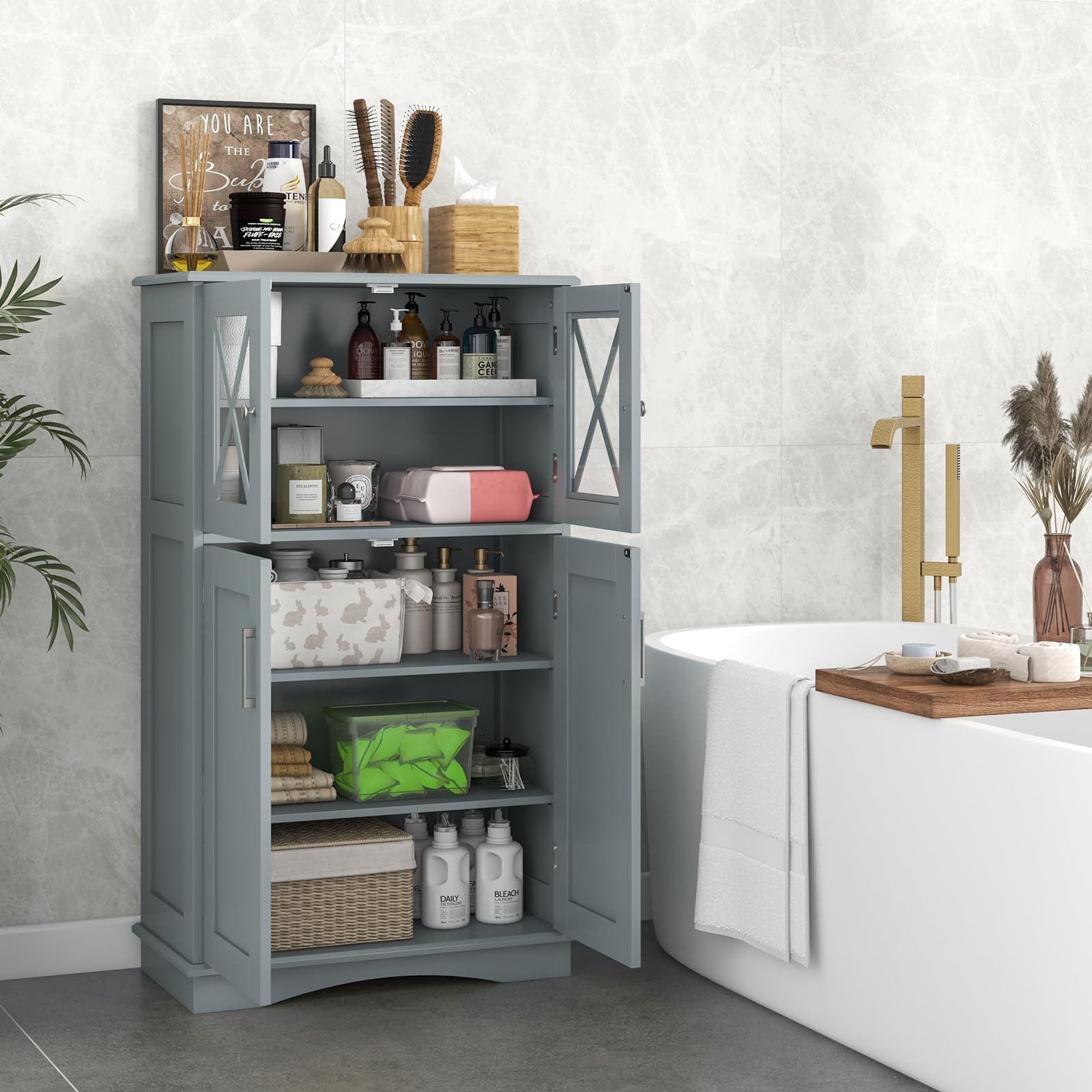 COSTWAY Badkommode Badezimmerschrank, mit 4 Türen, verstellbar