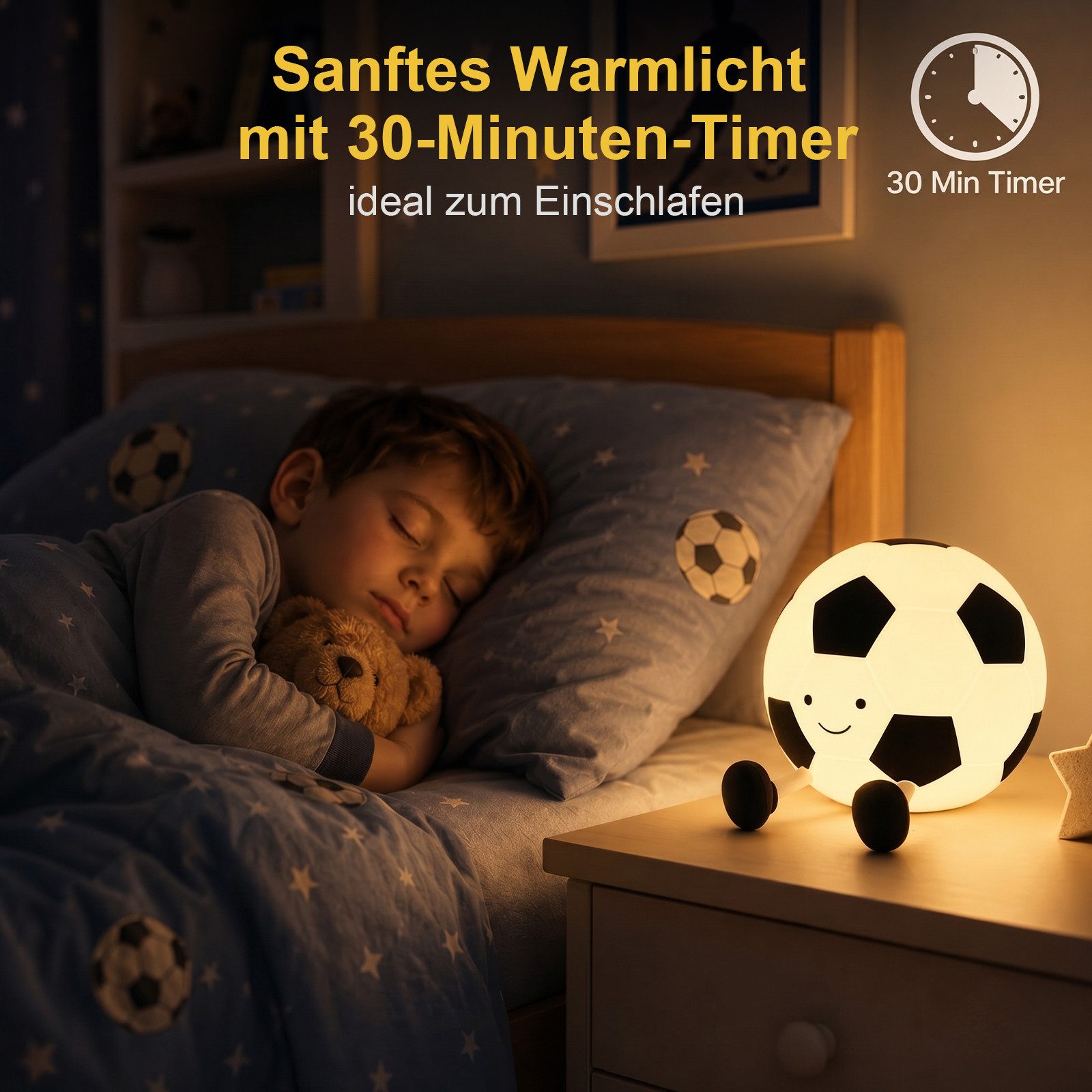 ANYSUN LED Nachtlicht Kinder Fußball Silikonlampe mit Touch-Steuerung und Timer, 1200mAh wiederaufladbare Nachtlampe, Geschenk für Mädchen Jungen, Warmweiß, Tageslichtweiß, Bedside Touch Nachtlicht Deko für Kinderzimmer Schlafzimmer