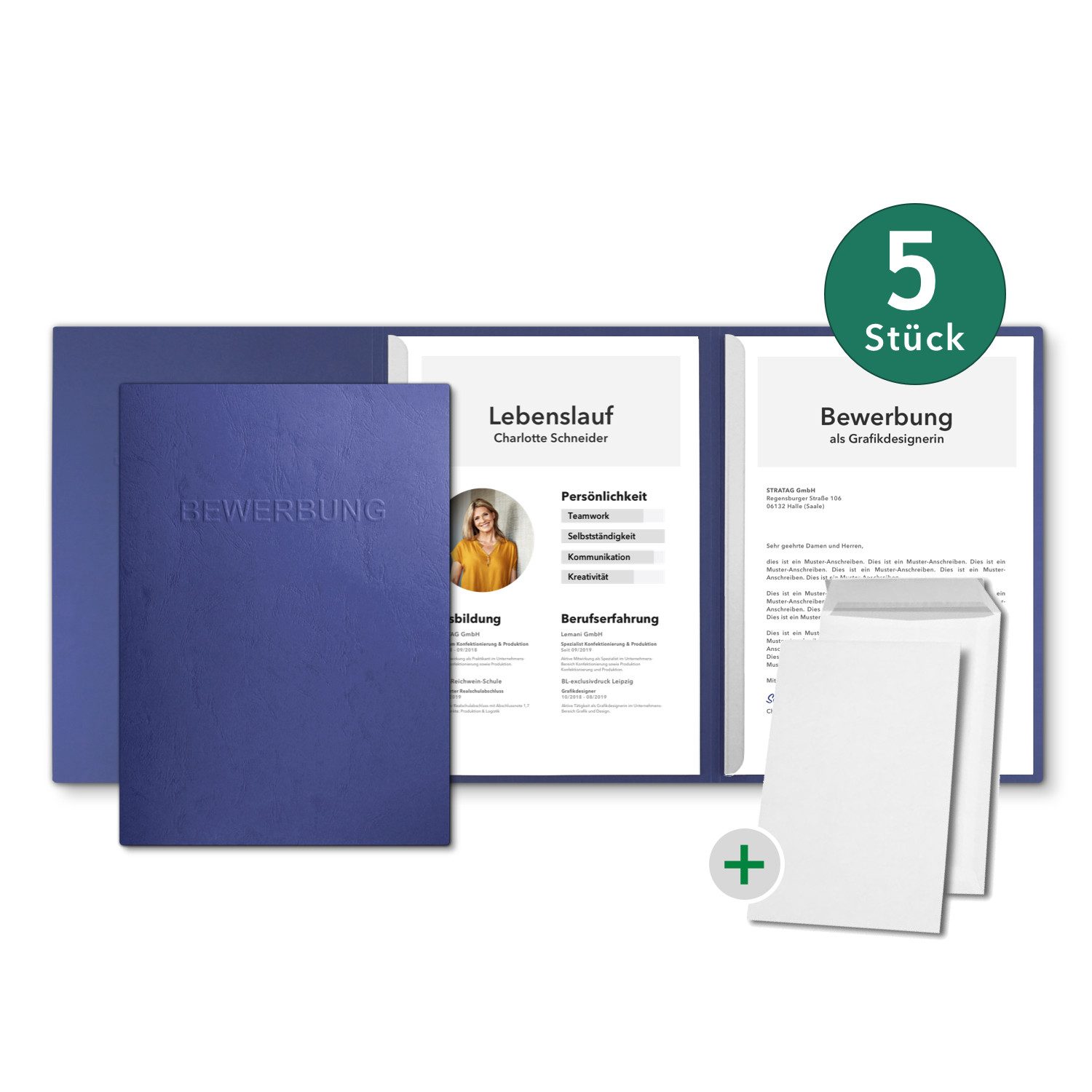 Bewerbungsmappe Lederstruktur - 5 Stück 3-tlg mit 2 Klemmschienen & B4 Versandtaschen
