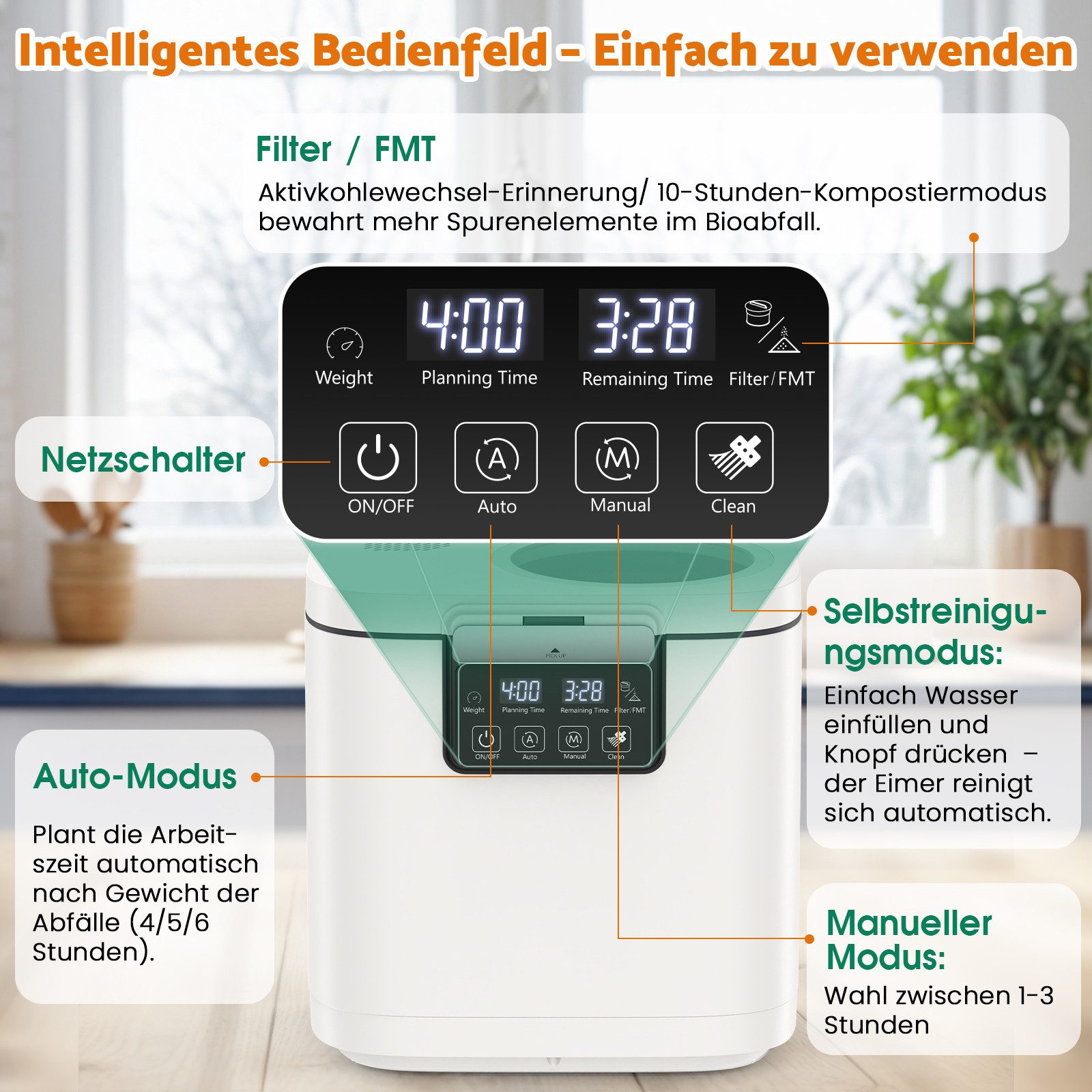 Rebonique Komposter Elektrischer Komposter mit Auto/Manual Mode, Zwei Aktivkohlefiltern, 4L, 90% Abfall-zu-Dünger-Umwandlung