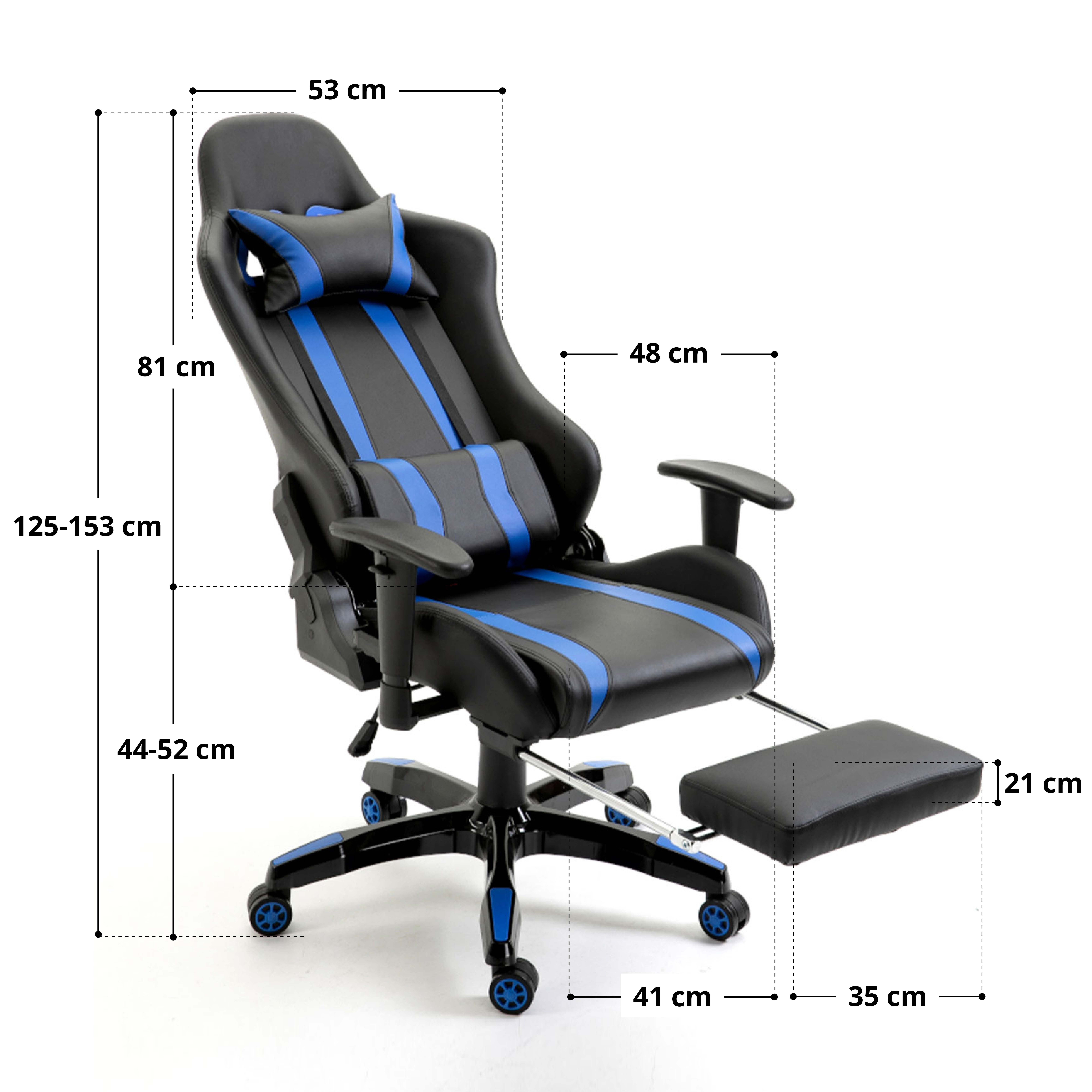 SVITA Gaming Chair Schwarz (1 blauen & Schwarz ausziehbare Streifen blauen GAMYX verstellbare | Streifen Armlehnen, St), Fußablage, mit mit Lenden- Nackenkissen