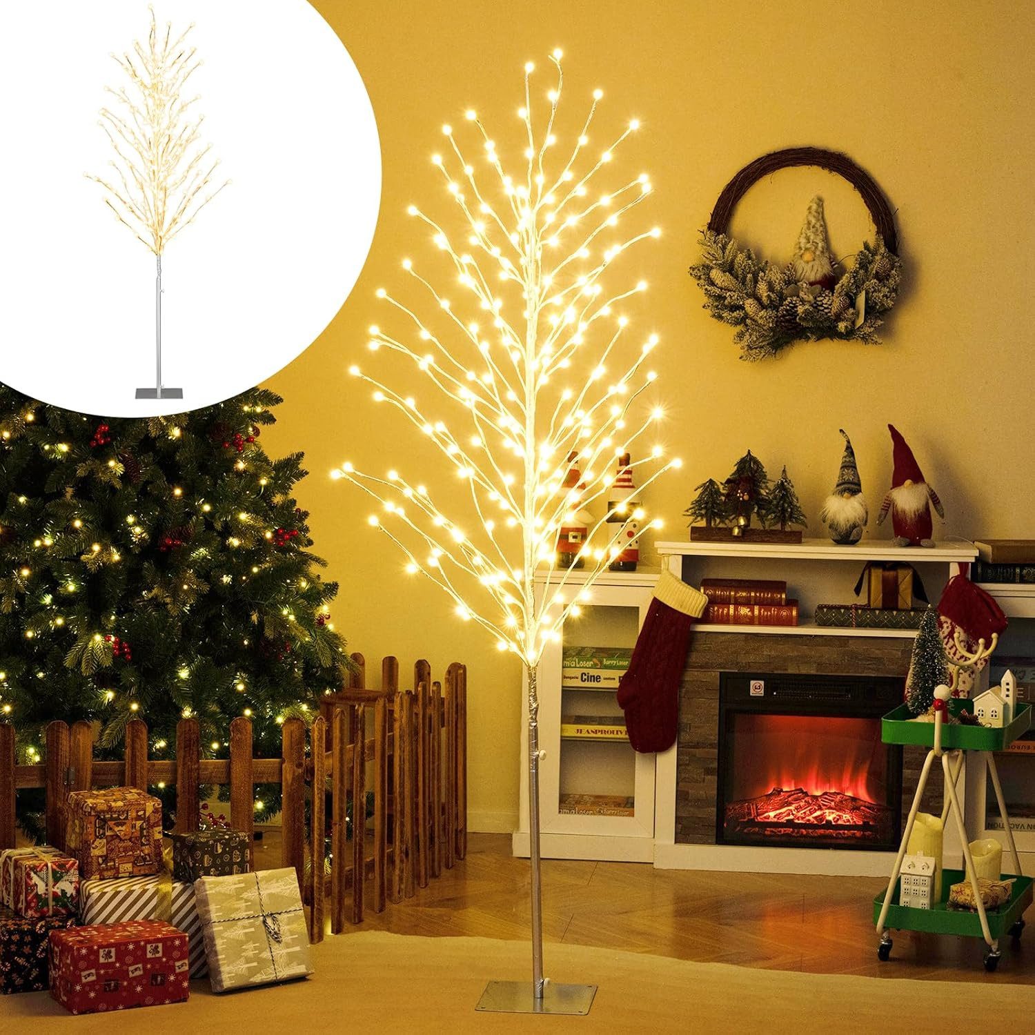 COSTWAY LED Baum, Birkenbaum mit warmweißen LEDs & Metallständer, Weihnachten