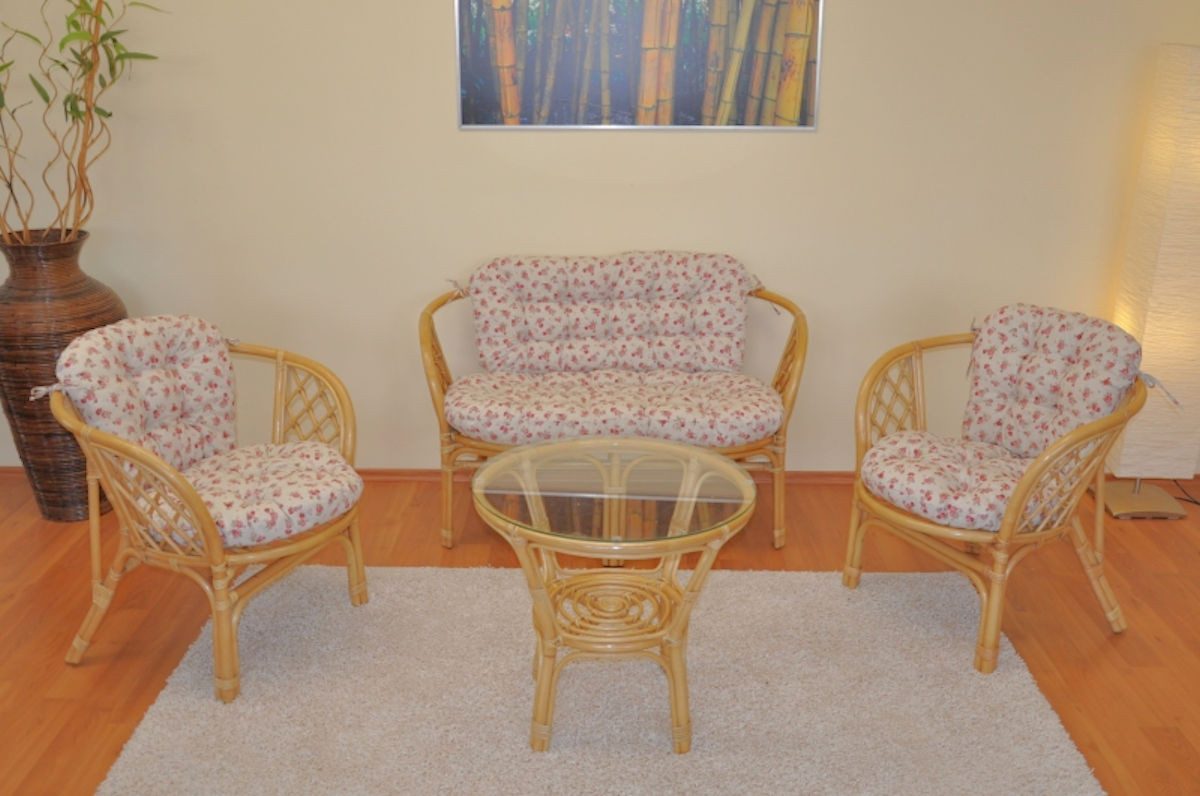 Rattani Rattanstuhl Rattangruppe, Rattangarnitur "Bahama" inkl. hochwertigen Polster, Set 2 Sessel, Rattanbank und Rattantisch Kissen Mirha Leinen Rose