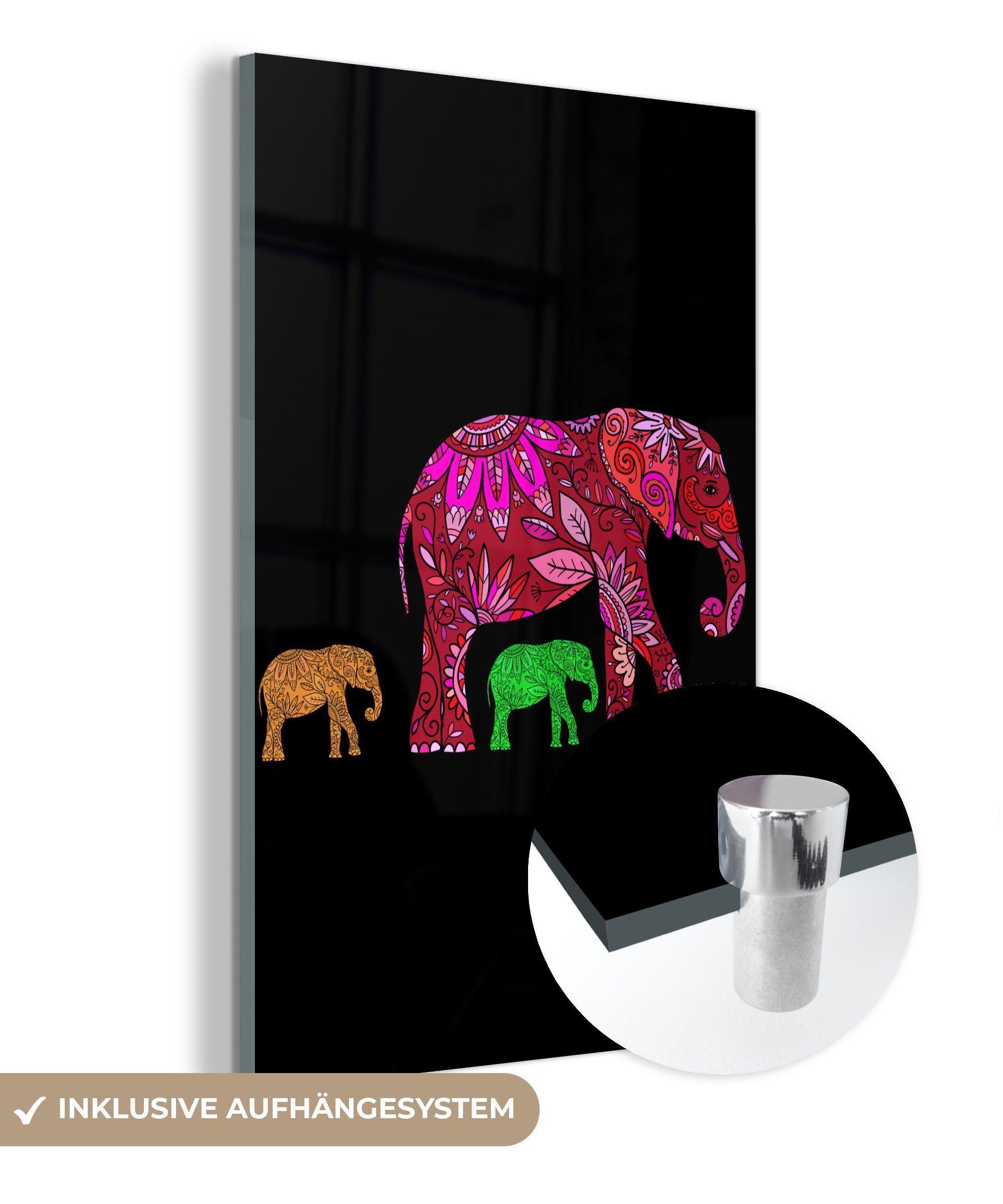 MuchoWow Acrylglasbild Elefant - Tiere - Muster - Blumen, (1 St), Glasbilder - Bilder auf Glas Wandbild - Foto auf Glas - Wanddekoration