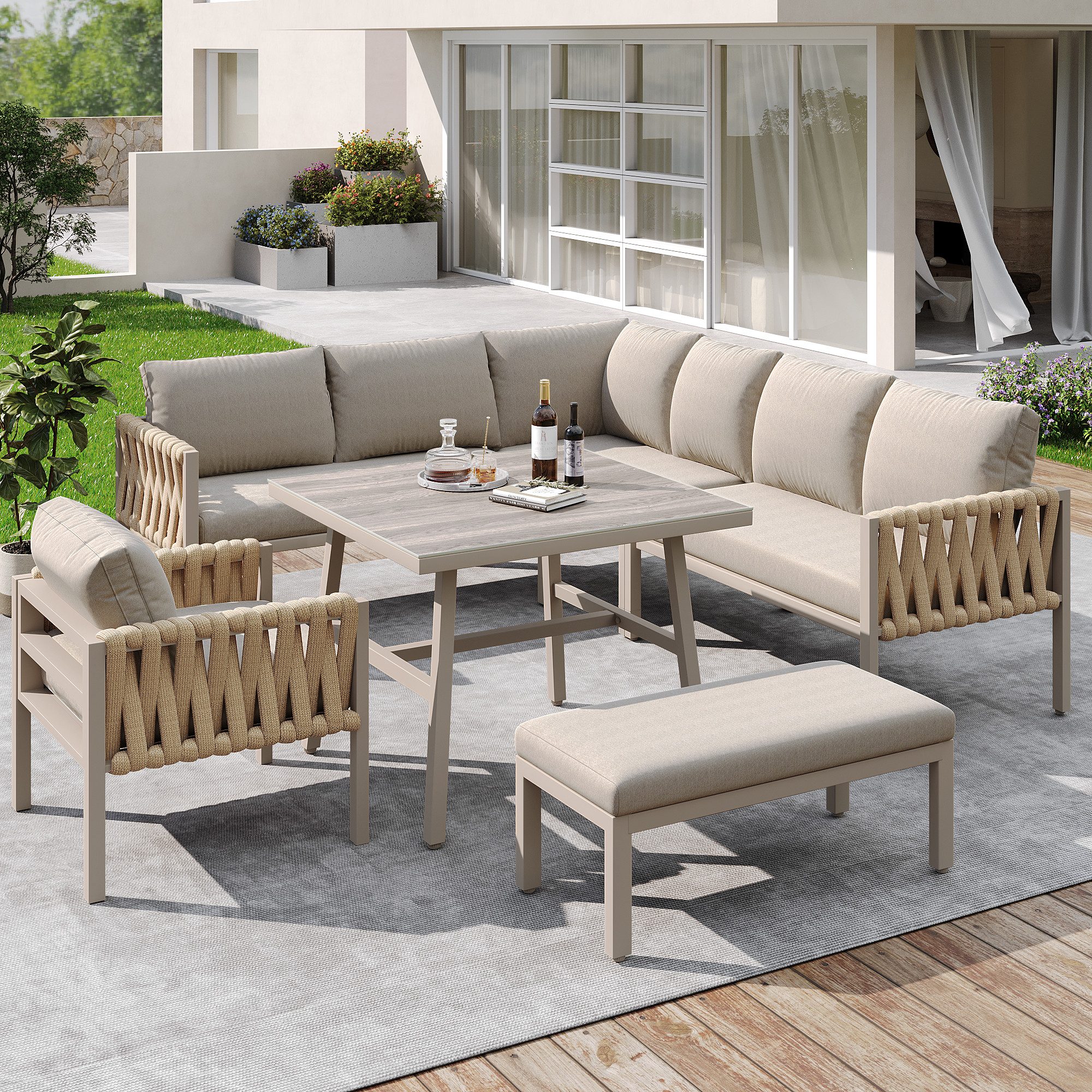 OKWISH Sofa Gartenmöbelset,mit verzinktem Eisengestell, Modernes Gartenmöbelset mit Seilgeflecht – Verstellbare Beine, Tischplatte aus gehärtetem Glas, Langlebig und UV-beständig, Ergonomisches Ecksofa & Einzelsofa., mit Relaxfunktion