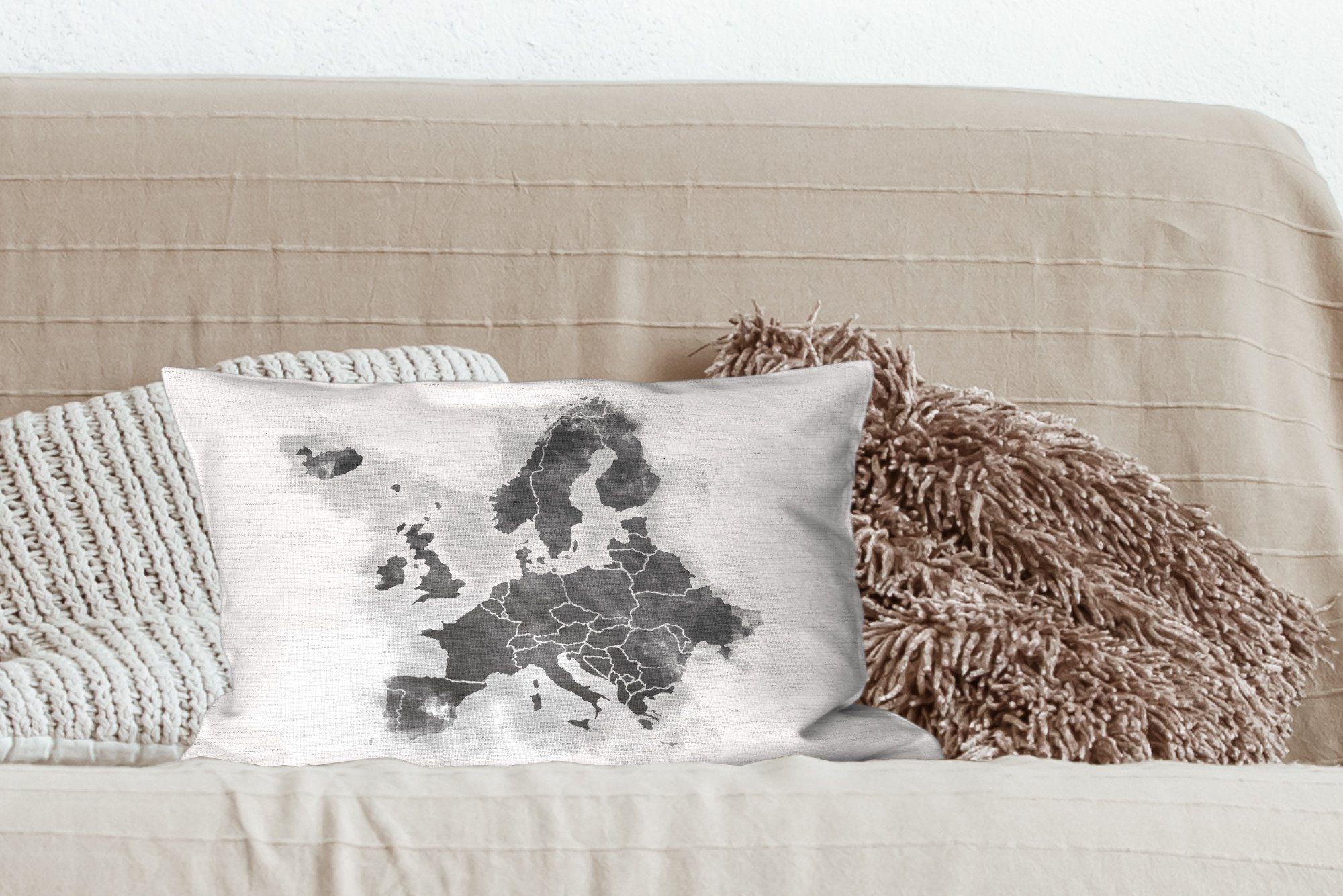 Dekokissen Dekoration, Dekokissen Hintergrund mit - MuchoWow Wohzimmer Schlafzimmer mit Zierkissen, Füllung, Europa-Karte schwarz weiß, und einzigartigem