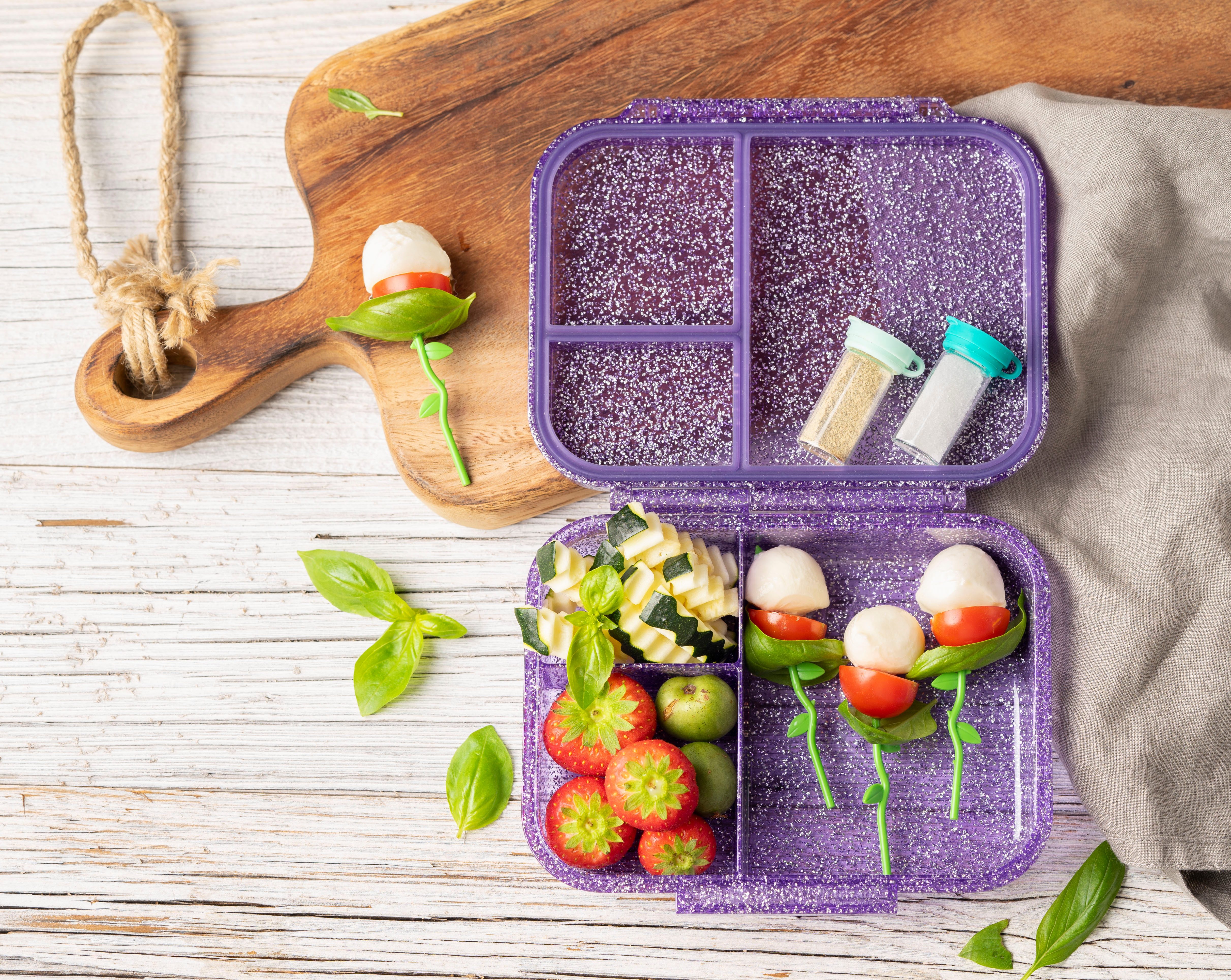 LEKKABOX Lunchbox Mini Glitzer Brotdose, 3 Fächer - Kinder Bento Box Vesperdose Brotbox, Für feuchte Lebensmittel auslaufsichere Bento Box, inkl. extra Trenner