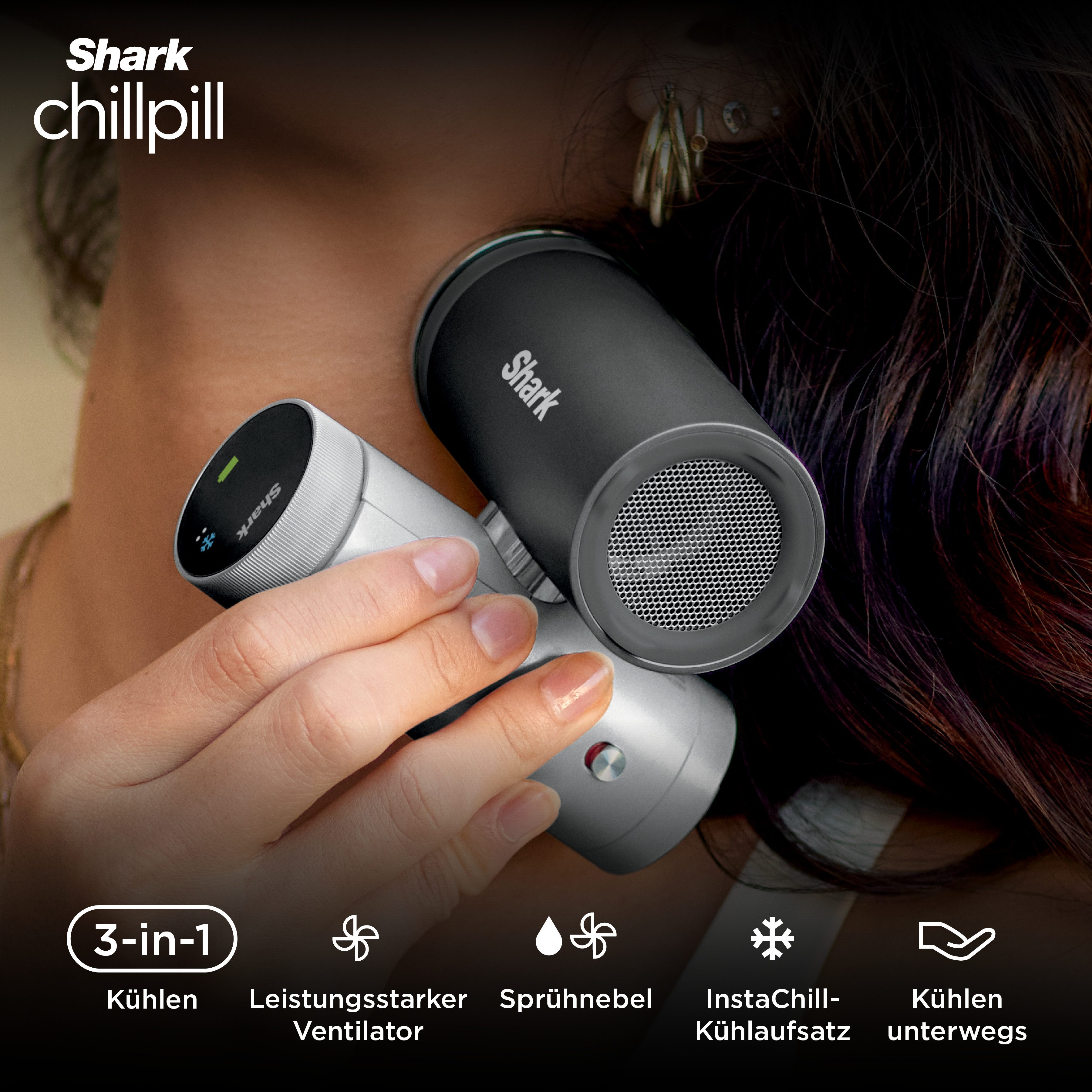 Shark Handventilator FA022EU ChillPill, 3-in-1 Erfrischungssystem, Abkühlung mit HydroGo Sprühnebel, InstaChill-Kühlplatte