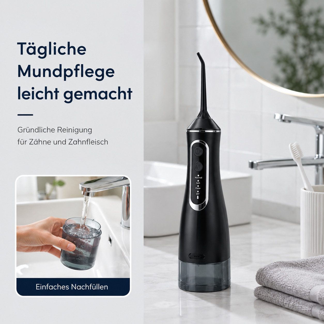 Tekoo Munddusche Munddusche elektrisch kabellos, 320ml Wassertank, 4 Modi, IP, Aufsätze: 4 St., IPX8 wasserdicht, 360° rotierbare Düse, DIY-Modus, Speicherfunktion