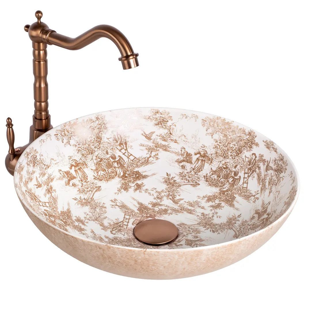 wohnwerk.idee Aufsatzwaschbecken Waschbecken rund Keramik Vintage Muster Badwaschbecken Blau Braun