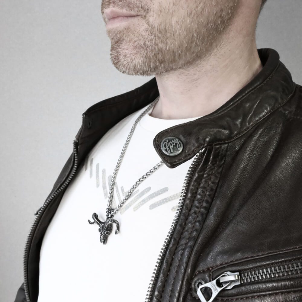 DALMARO Kette mit Anhänger Lederkette Edelstahlkette 316L DÄMON SCHAFKOPF, Herren Halskette Biker / Wikinger Kette - Schmuckbox