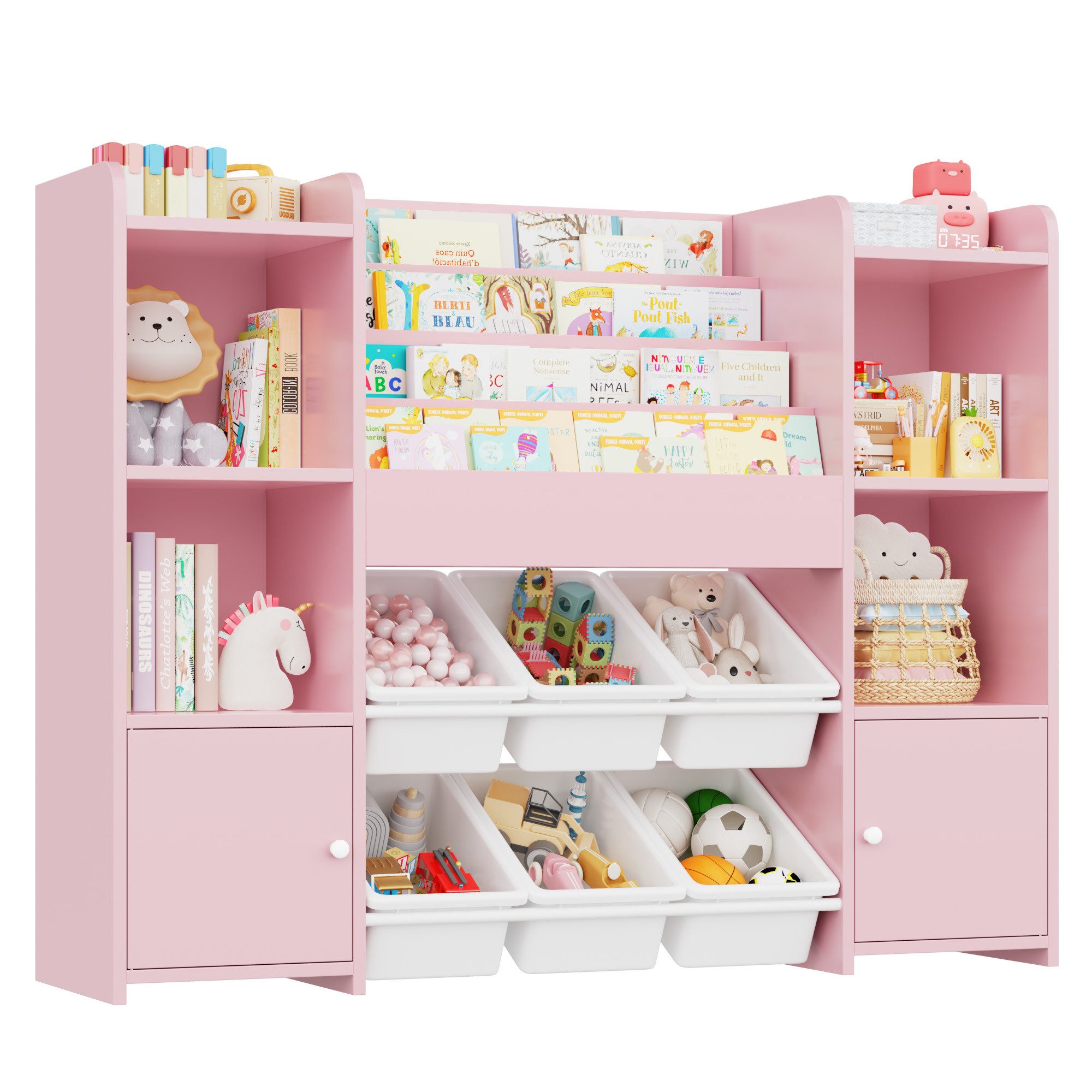 Homfa Kinderregal, Kinderbücherregal Spiegelregal mit 6 Boxen rosa 119x29x9 günstig online kaufen