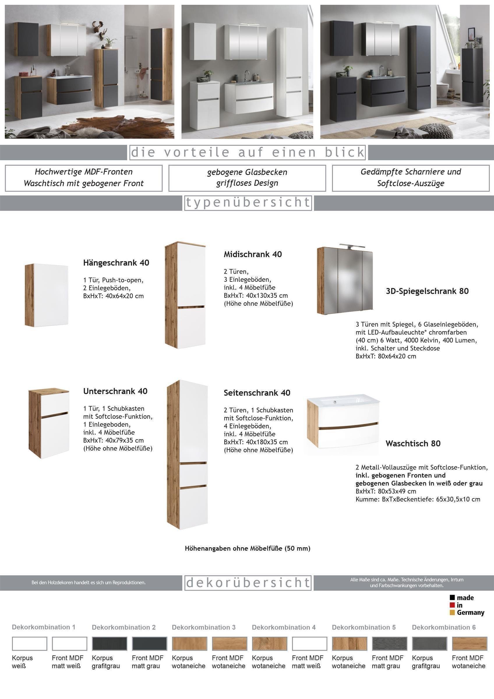 2 möbelando 35 Front MDF in Türen cm. Kopenhagen Tiefe aus Weiß, Einlegeböden, cm, in Midischrank, aus Höhe 130 Korpus Spanplatte Moderner Breite 3 Matt Midischrank Wotaneiche, melaminharzbeschichteter 40, und mit