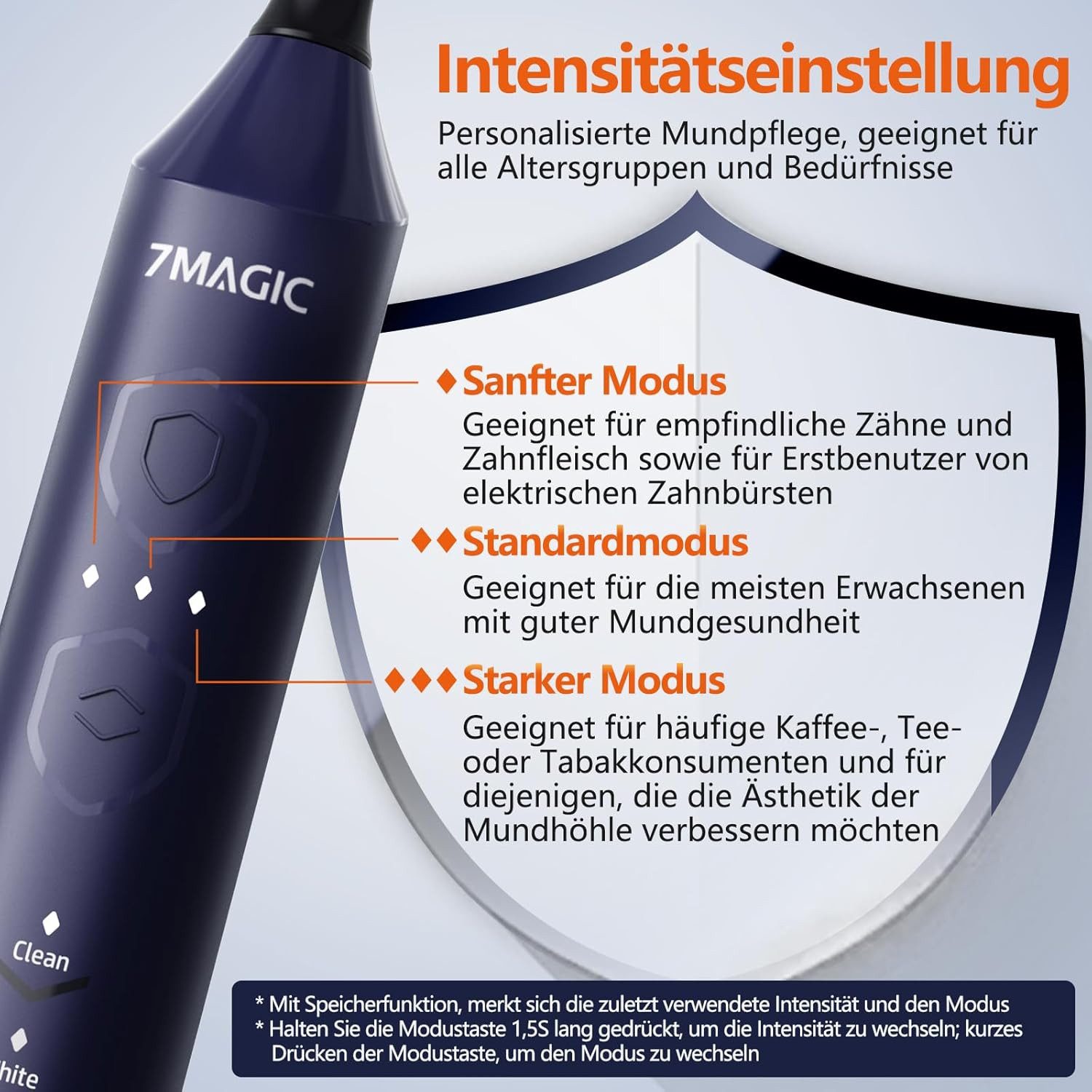 MCURO Schallzahnbürste Elektrische Zahnbürste mit Schalltechnologie 40000VPM UIltraschall, Aufsteckbürsten: 6 St., für Erwachsene und Kinder, 5 Zahnputz-Modi,Pu – Bild 4 von 5