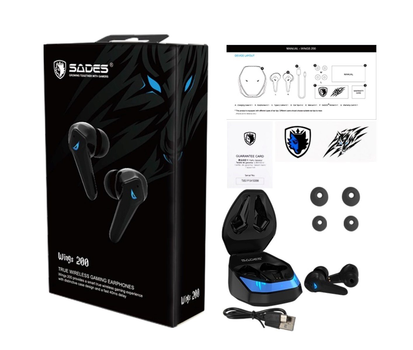 5.0, automatische Bluetooth Kopplung) mit Sades Wings In-Ear-Kopfhörer 200 TW-S02 (kabellos, Mikrofon, Stereo,