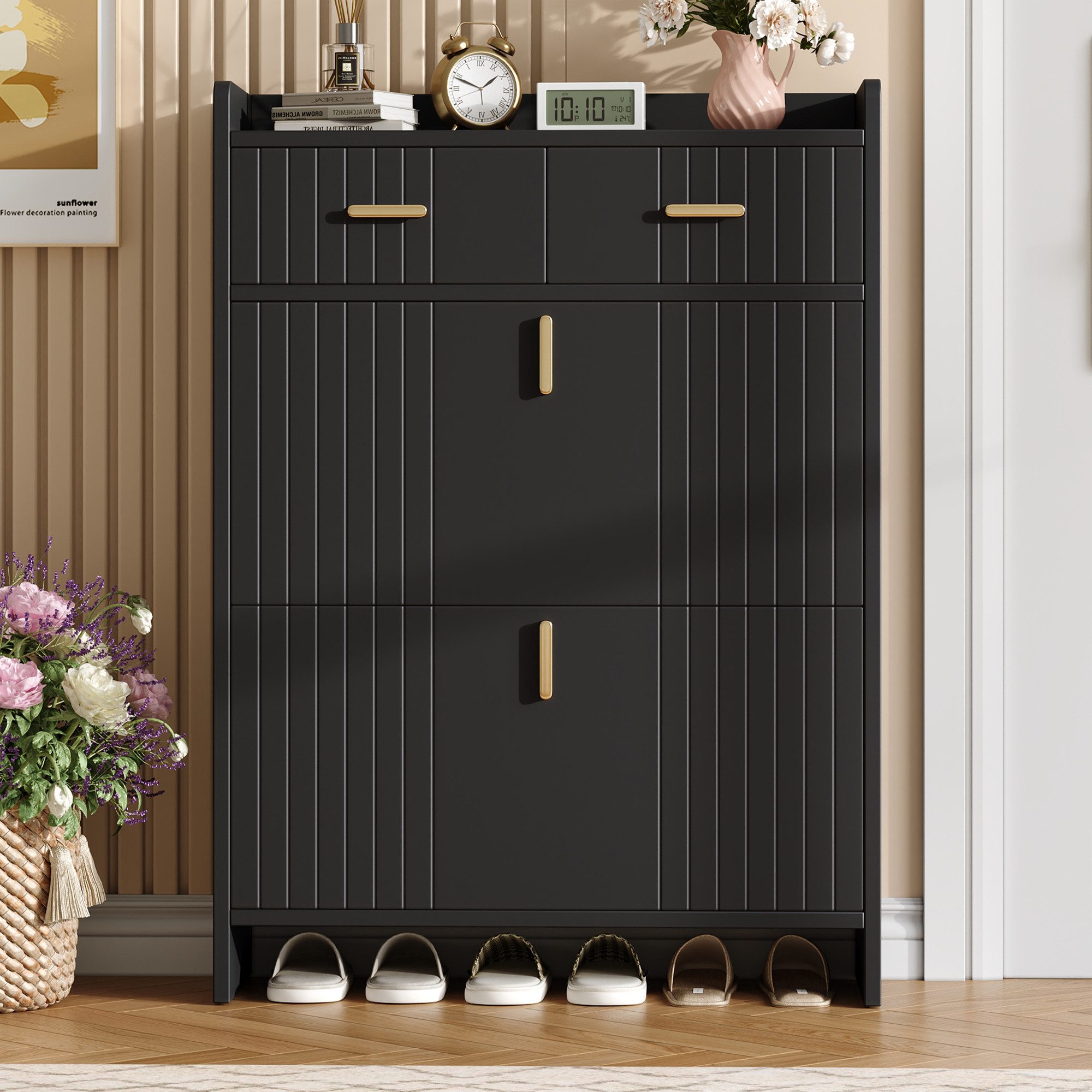 i@home Schuhkipper Schuhschrank, moderner schmaler Schuhkipper, Schuhaufbewahrungsschrank mit 2 Ebenen, Schwarz, 75 × 24 × 108,5 cm