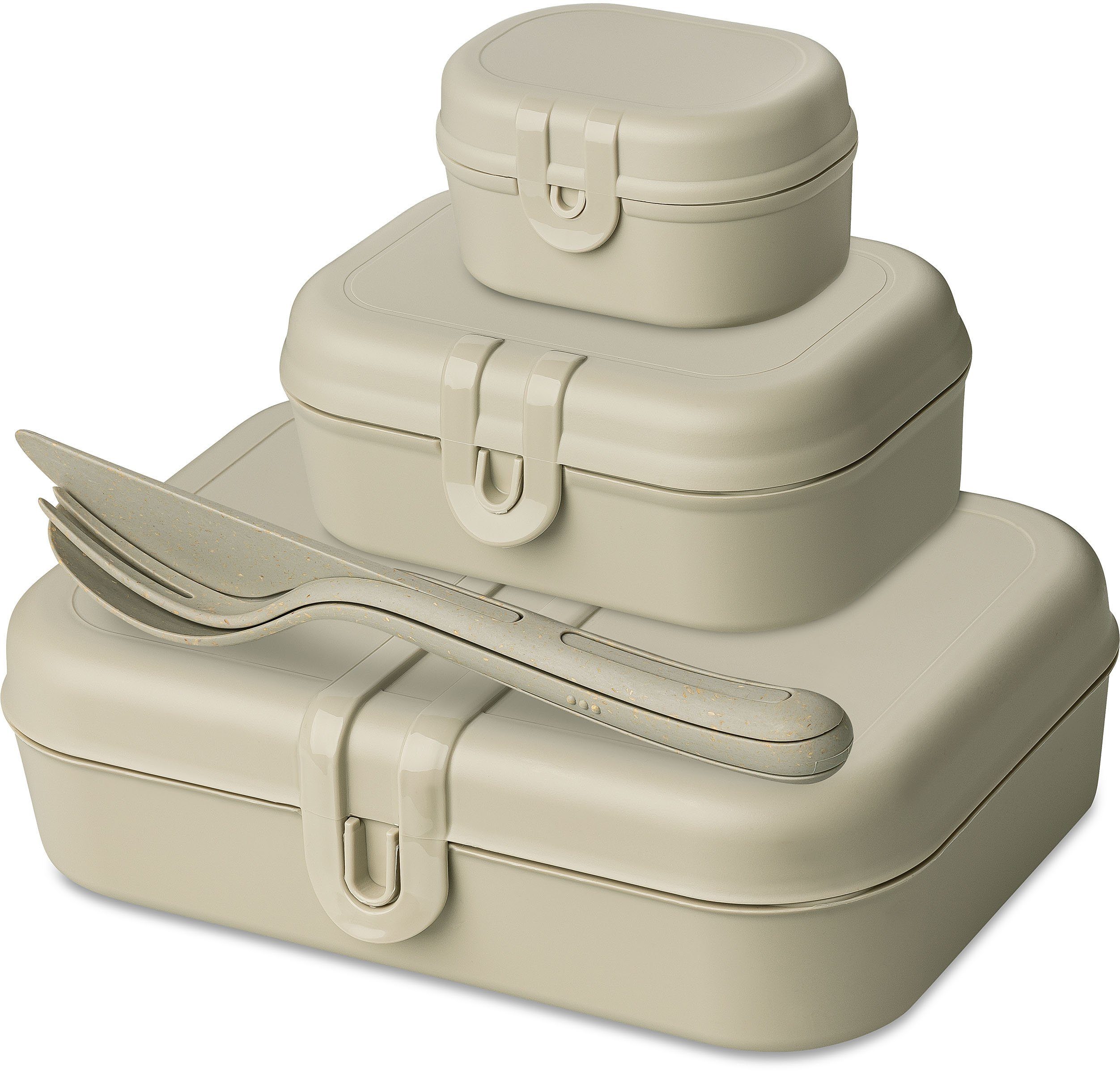KOZIOL Lunchbox, Kunststoff, (Set, 6-tlg., 3 Lunchboxen +1 Besteckset bestehend aus 1x Messer,1x Gabel, 1x Löffel), biozirkulärem Material,spülmaschinengeeignet,melaminfrei,recycelbar