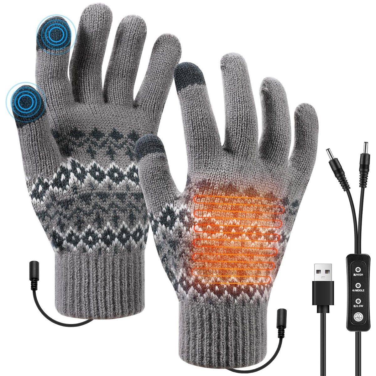 Welikera Winter-Arbeitshandschuhe Beheizbare Handschuhe mit Schalter,3-stufige Temperatureinstellung Grau