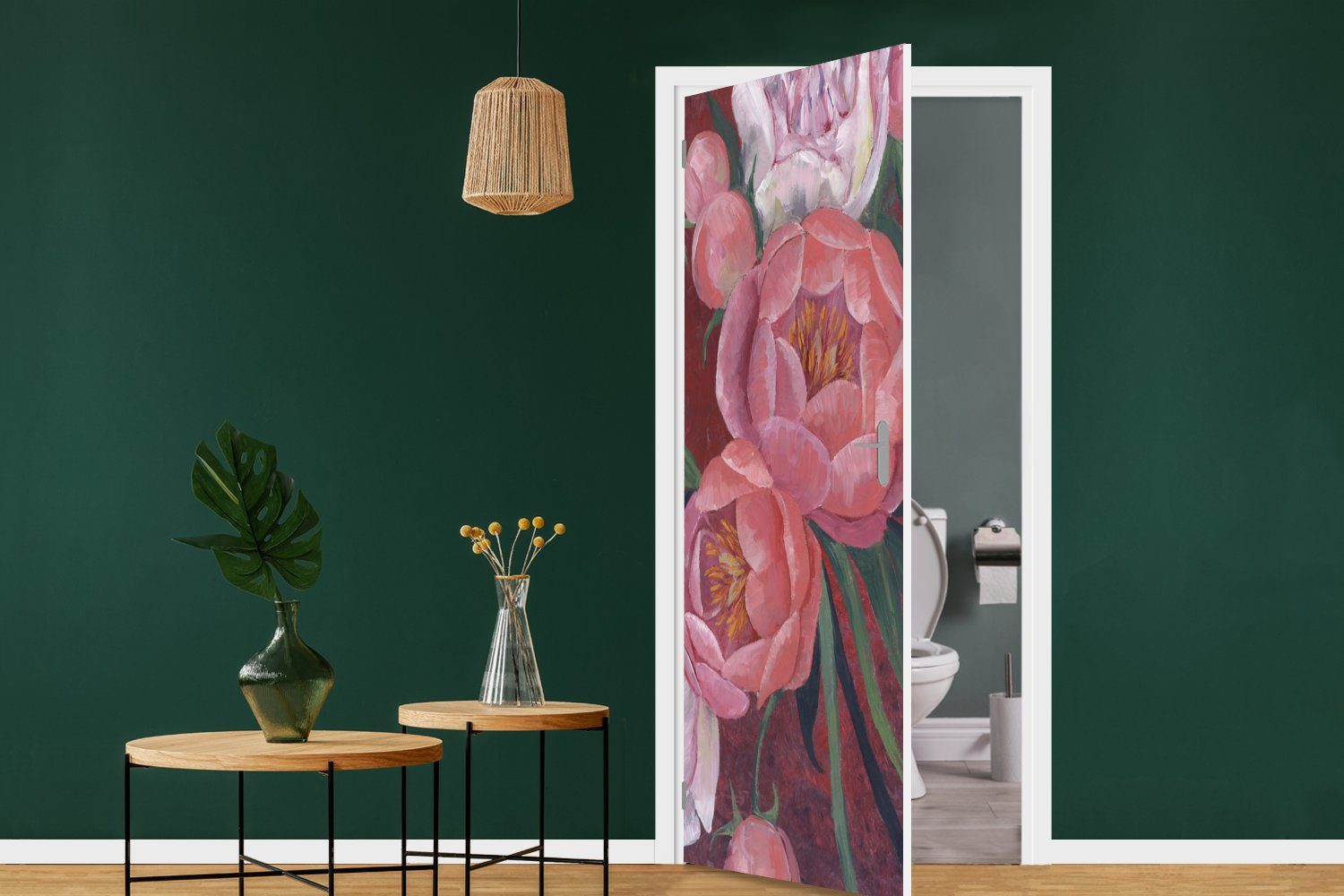 MuchoWow Türtapete Matt, Türaufkleber, - 75x205 St), Rosa Blumen bedruckt, für Fototapete Malerei cm Pflanzen, Tür, (1 - 