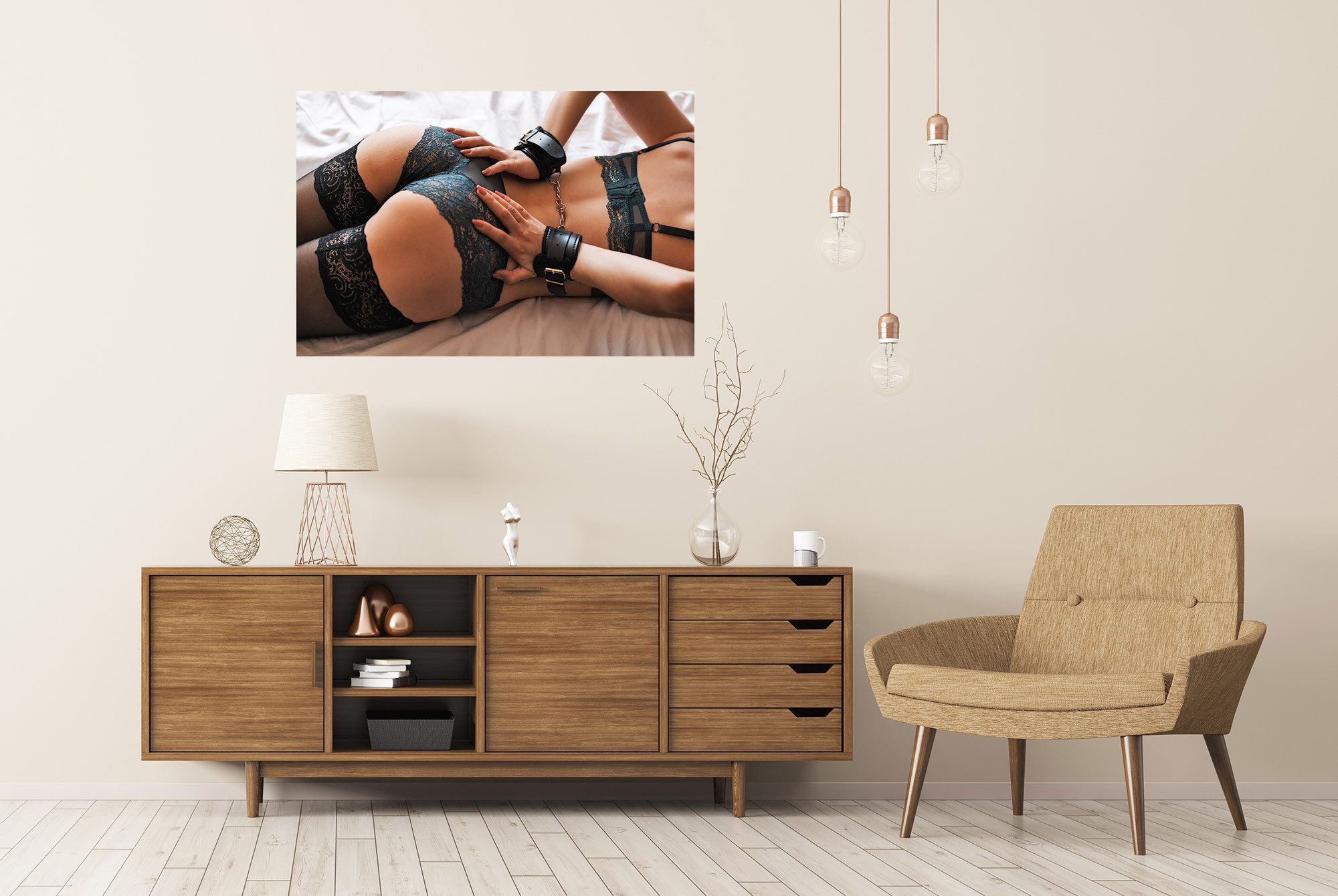 islandburner Poster Frau in Schwarzen Dessous Leder Handschellen für Schlaf günstig online kaufen