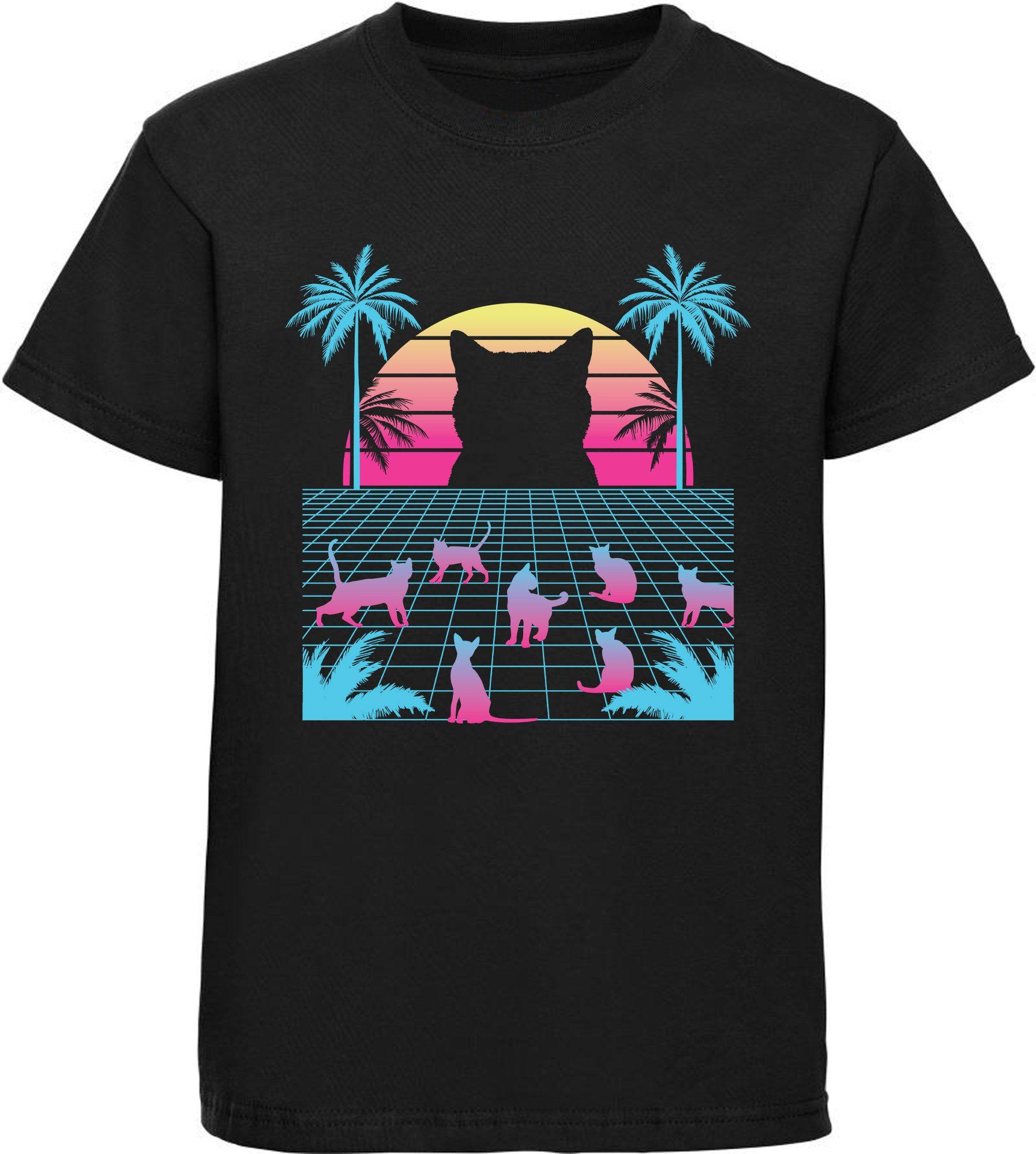 Print-Shirt bedrucktes Mädchen T-Shirt Katzen im bunten Computer Stil
