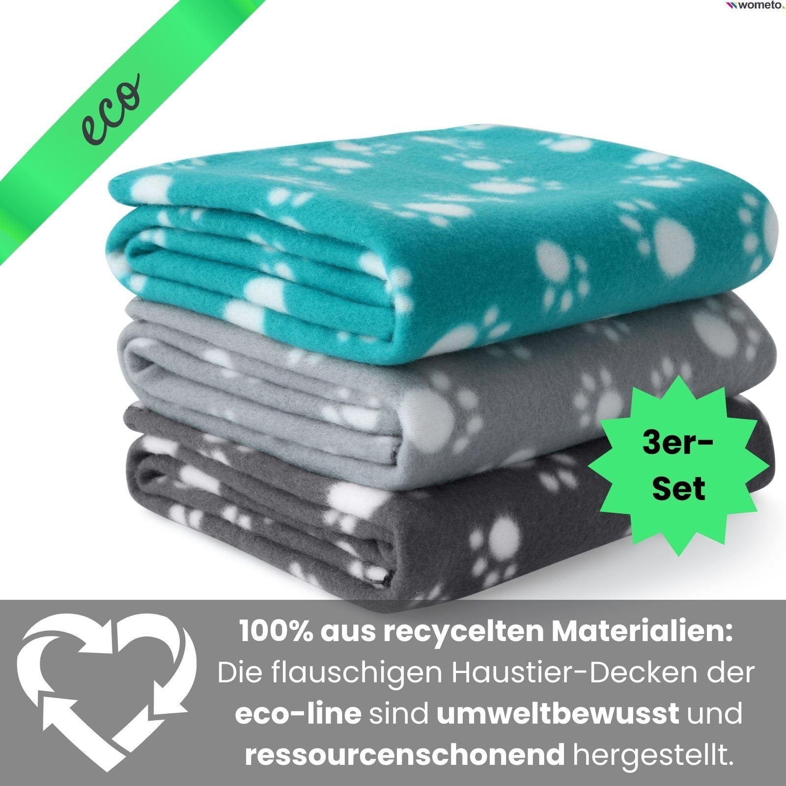 Tierdecken Stück, 3 100% Wohndecke recycelten ca. 70x100, aus Materialien farbig Fleece eco-line wometo, sortiert,