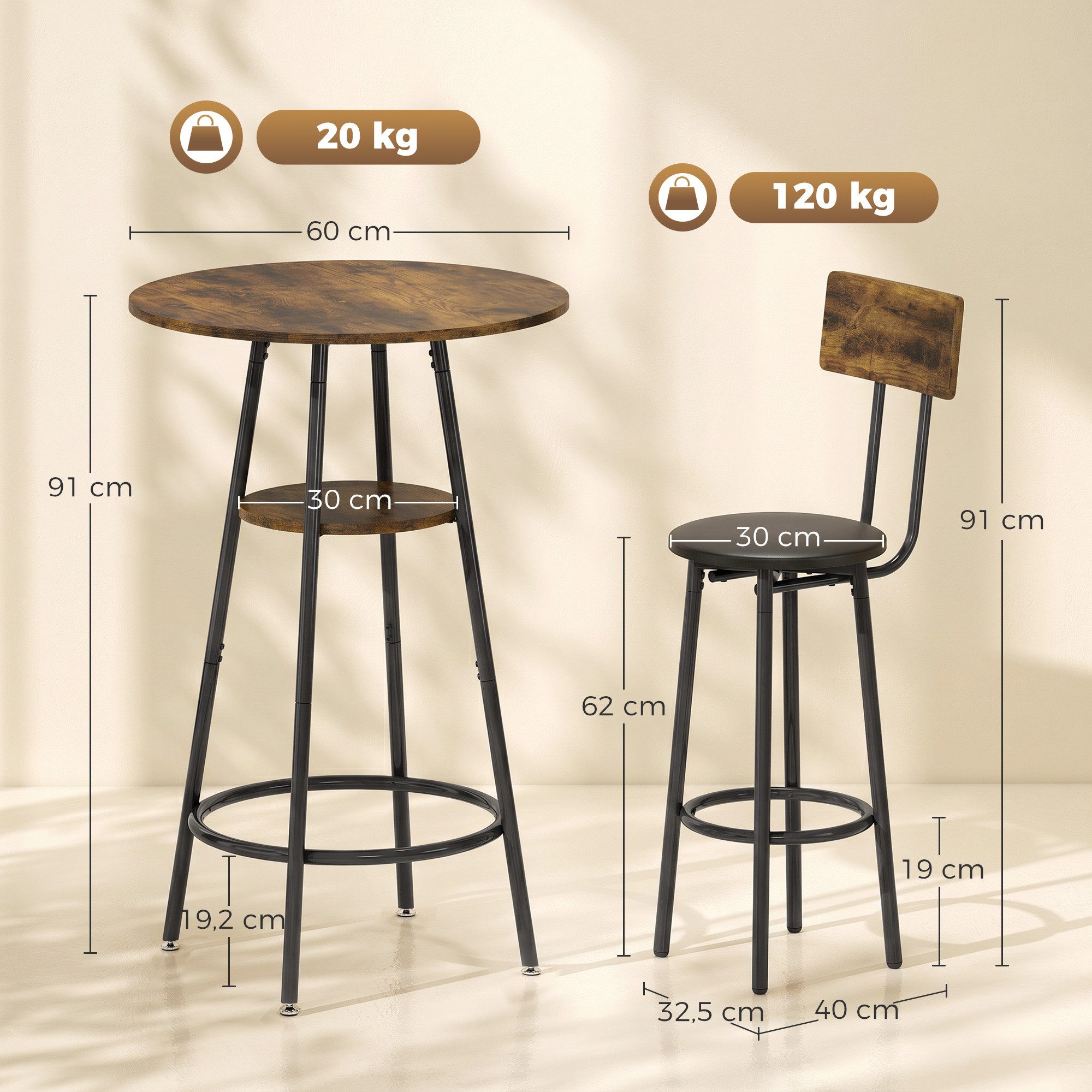 HOMCOM Bargruppe Bartisch mit Barhocker-Set Esstisch mit 2 Gepolsterten Stühlen, (Set, 3-tlg., 1 Tisch, 2 Hocker), Gepolsterte Barhocker, offene Ablage, platzsparend