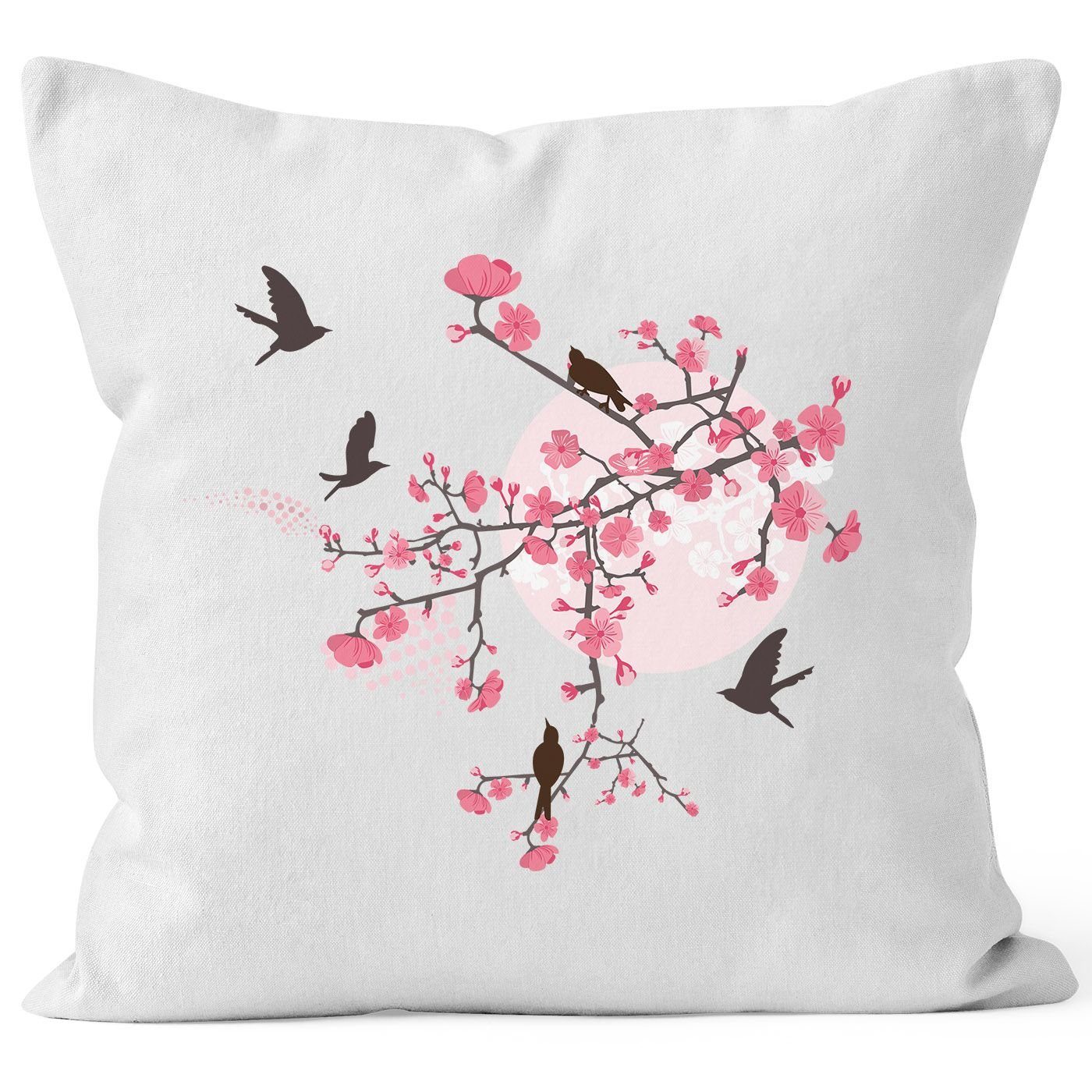 weiß Tree Baumwolle Kissenbezug Blumen 40x40 Cherry Vögel Blüten Autiga® Kirschblüten Dekokissen Birds Flower Autiga Vogel