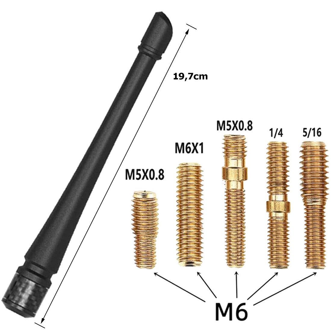 Bolwins O53 Autoantenne FM AM DAB Autoradio Stab Dachantenne Gewinde Adapter Dachantenne (AM/FM/DAB/GPS/GSM, für Fahrzeug, Verstärkung: 6 dB), 19,7 cm, robust, wetterfest, einfache Montage, 6 Adapter