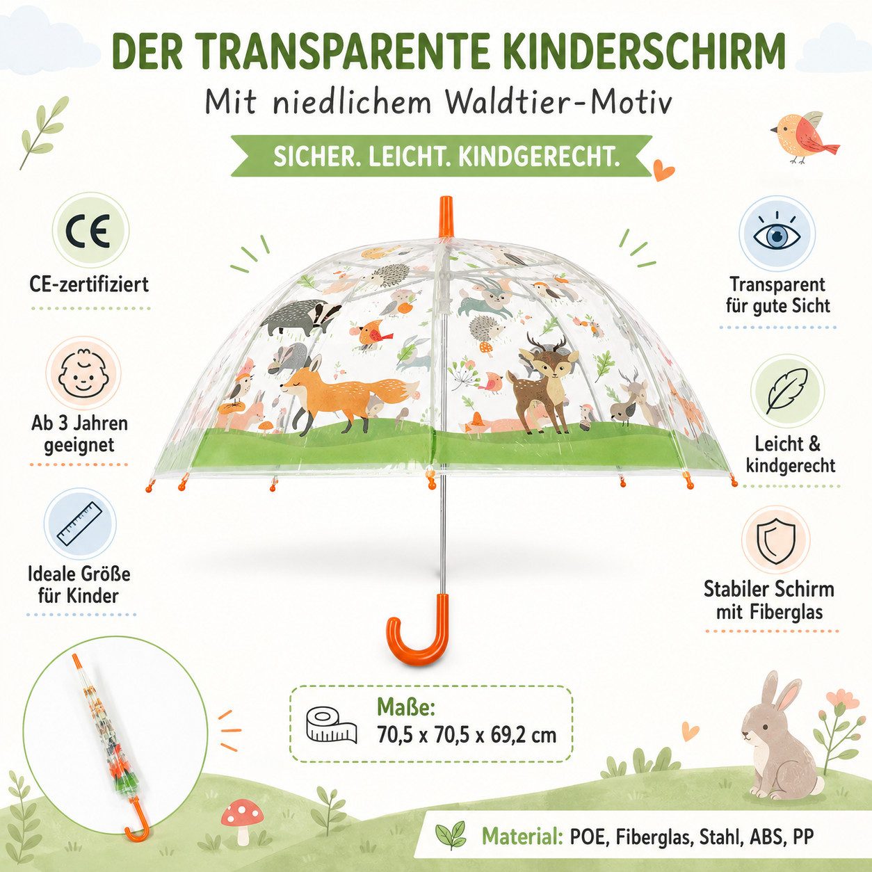 esschert design Stockregenschirm Kinderschirm transparent mit Waldtieren für Spaß im Regen – Bild 3 von 5