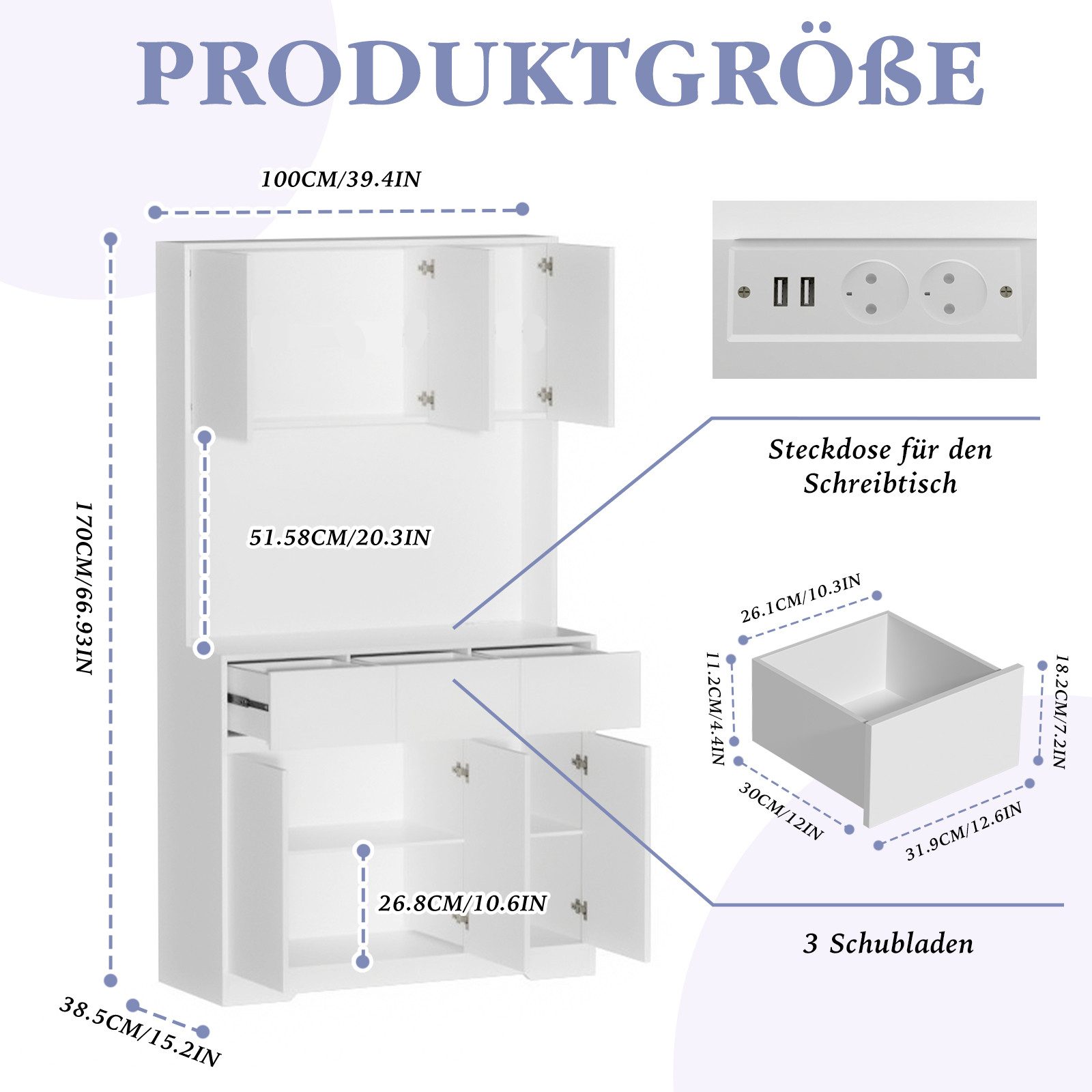 TWSOUL Küchenbuffet Küchenschrank, Buffetschrank mit Steckdose und LED, 3 Schubladen