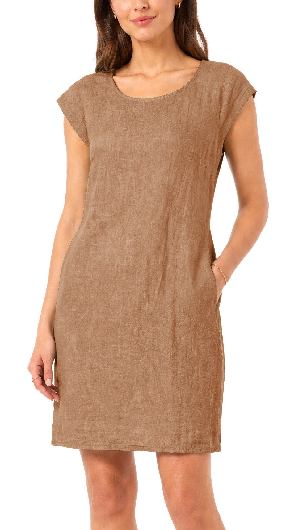 dy_mode Midikleid Einfarbiges Damen Leinenkleid Sommerkleid Kurzarm Midi Kleid in Unifarbe, mit Eingriffstaschen, leicht taillierte Passform