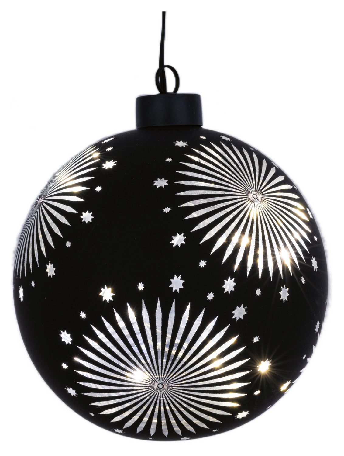 HGD Weihnachtsbaumkugel LED Glaskugel - Satin-Schwarz mit Sternendekor - 13 cm - mit Timer, Ideal für Fenster, Zweige, Kränze oder festliche Arrangements