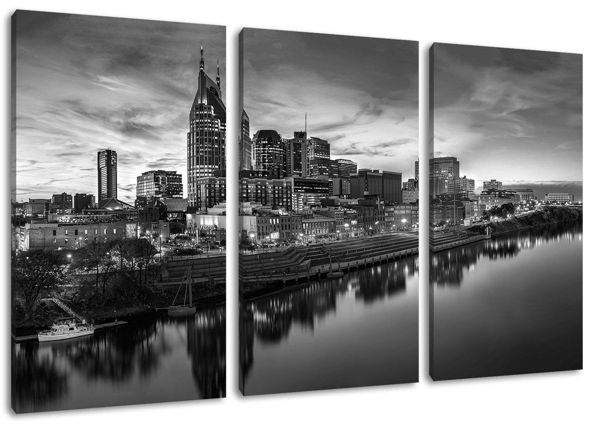 (1 Panorama Leinwandbild St), Pixxprint (120x80cm) bespannt, Zackenaufhänger Nashville Leinwandbild inkl. Skyline Panorama, 3Teiler Nashville Skyline fertig
